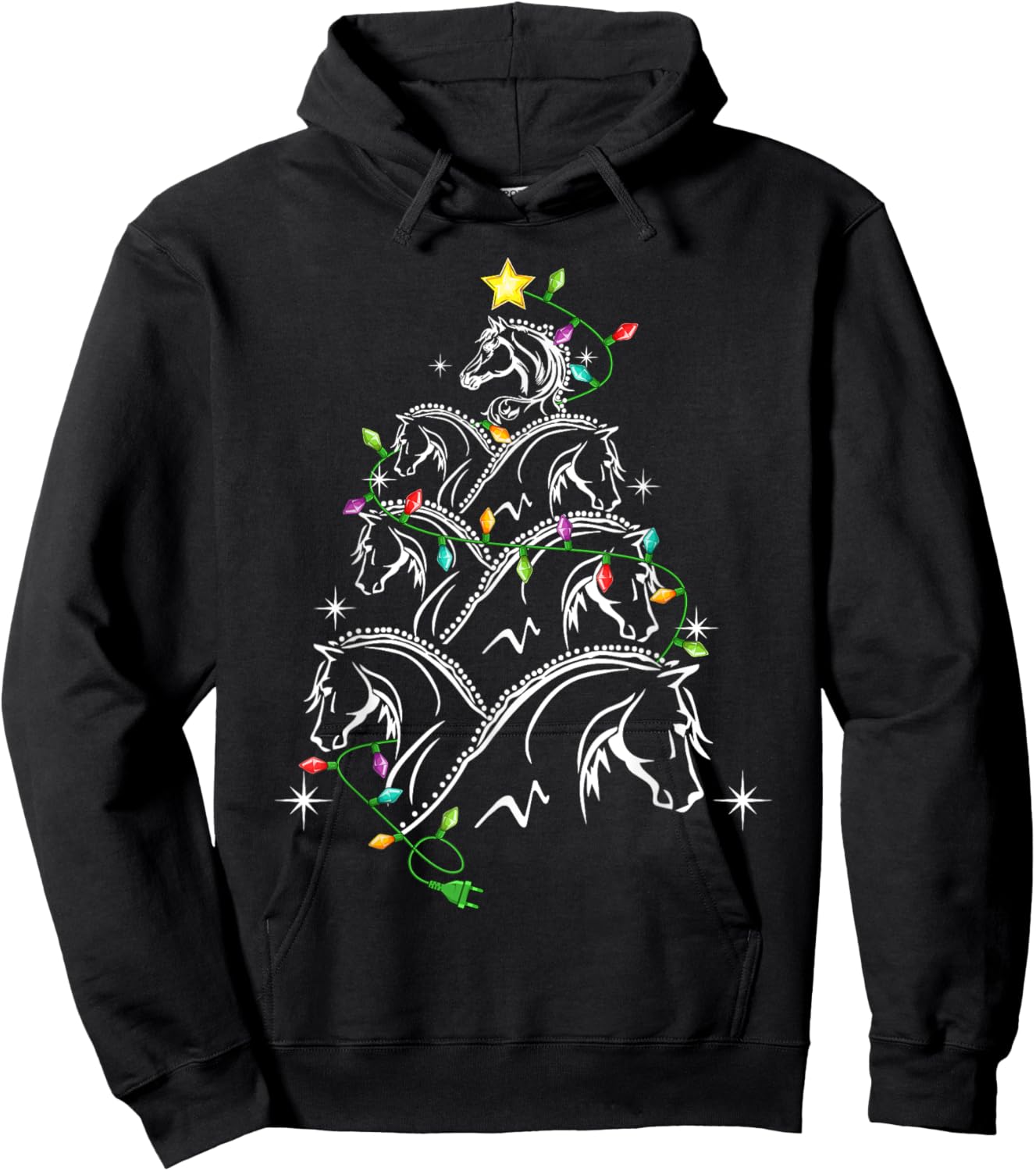 Horse Christmas Tree Xmas Lighting , -Adults/Kids, Black, Small, Short Sleeve Hoodie - Hoodie | Black