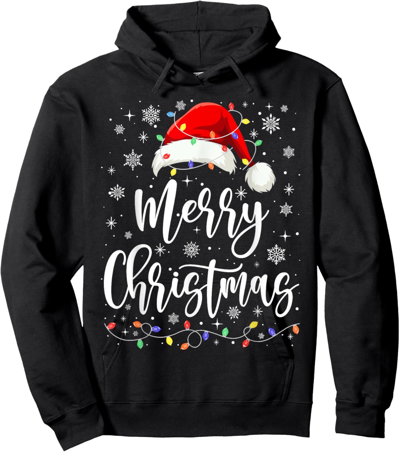 Merry Christmas Lights Red Santa Hat Xmas Family Men Women Hoodie - Hoodie | Black