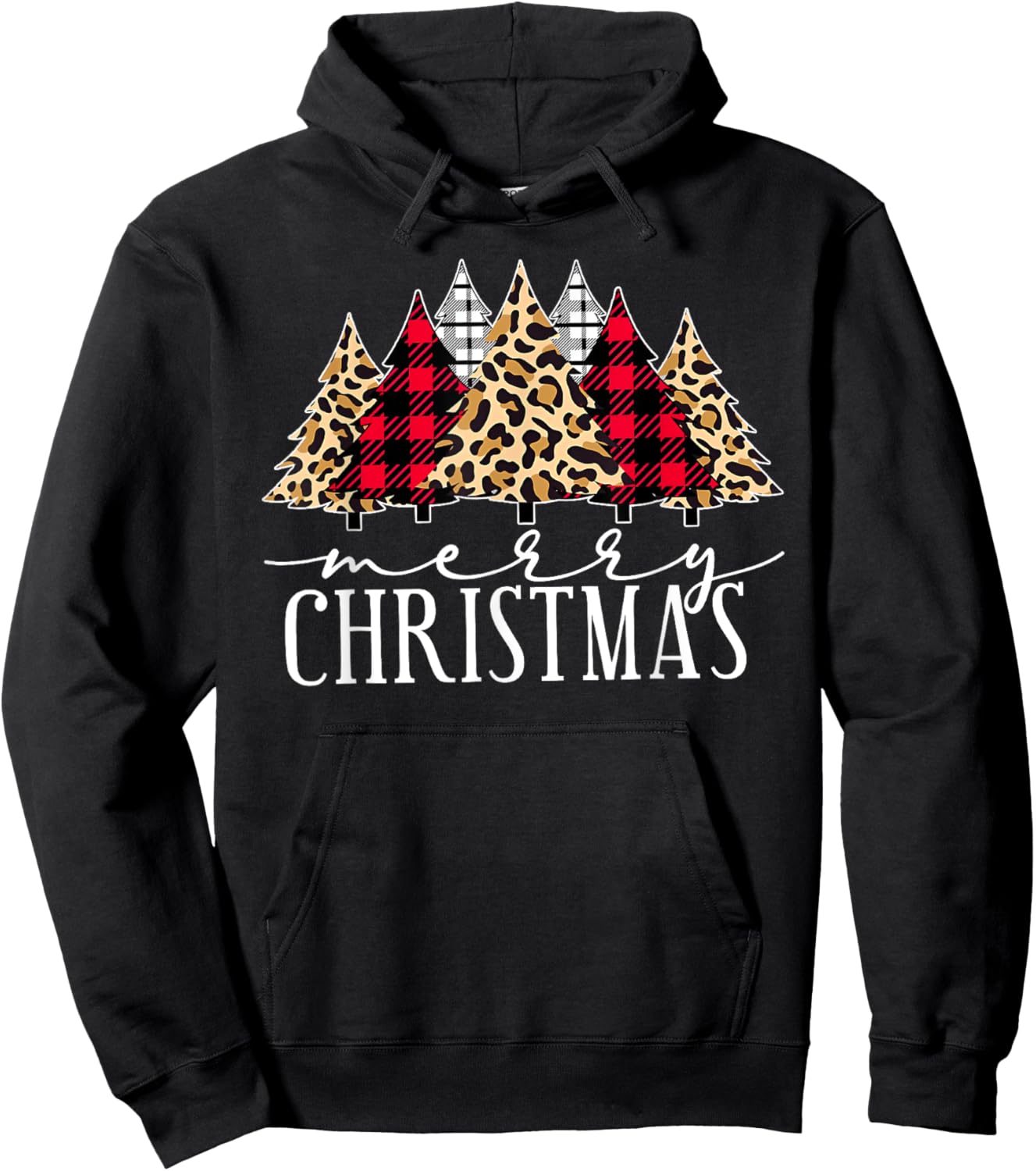 Merry Christmas Xmas Trees Leopard Buffalo Holiday Pajamas Hoodie - Hoodie | Black
