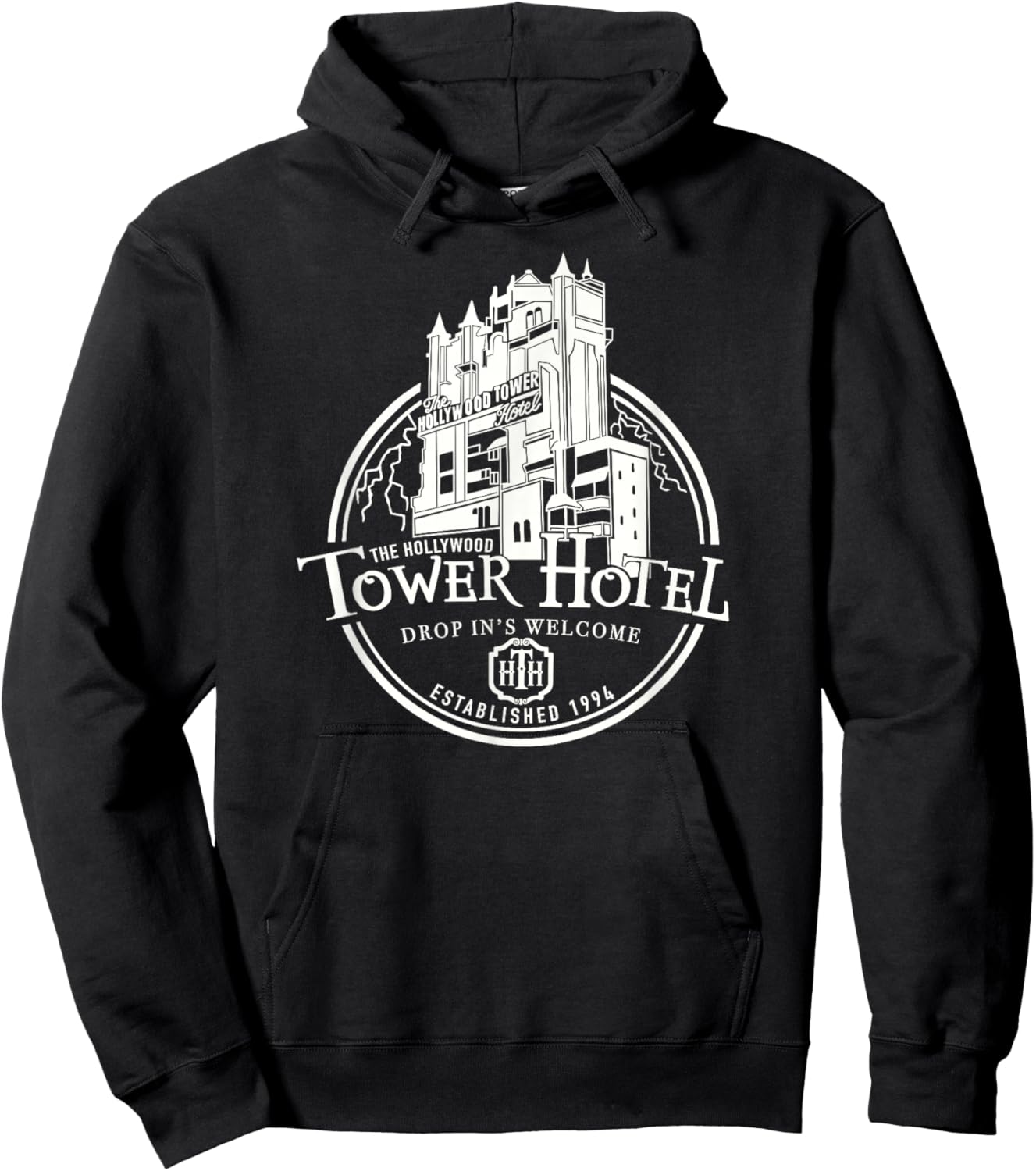Hollywood Tower Hotel, Theme Park Ride, Drop In's Welcome Hoodie - Hoodie | Black