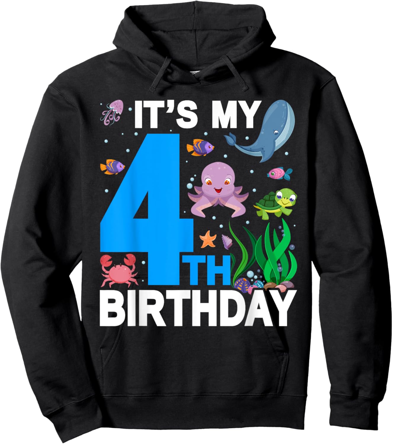 It's My 4th Birthday Party Ocean 4 Years Old Sea Fish B-Day Hoodie - Hoodie | Black