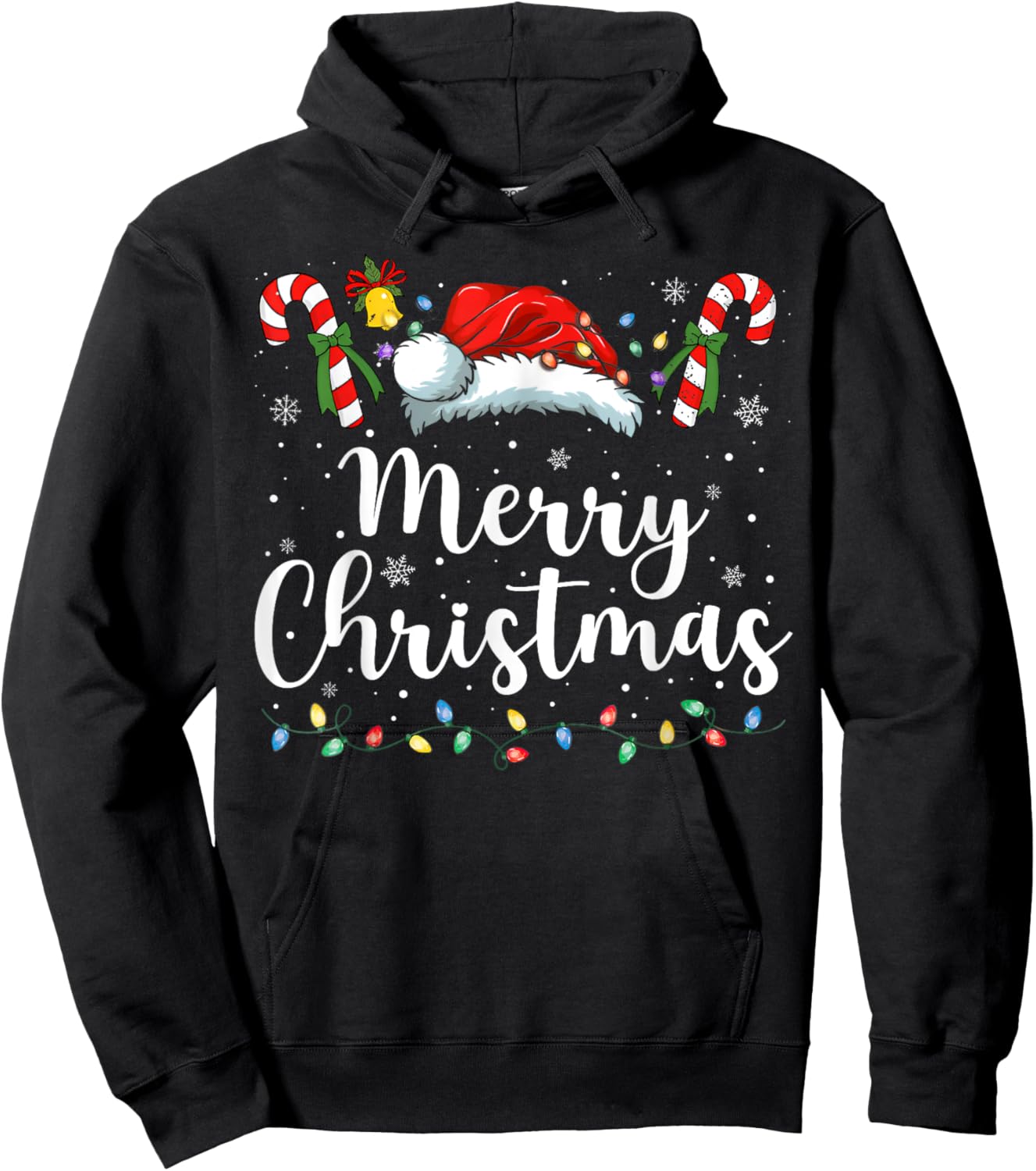 Merry Christmas Lights Red Santa Hat Xmas Family Men Women Hoodie - Hoodie | Black