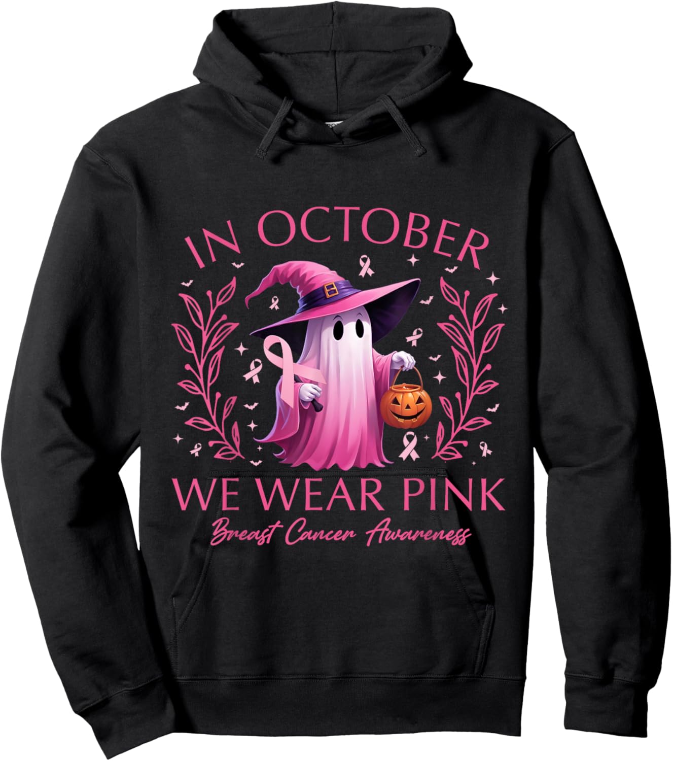 In October We Wear Pink Ghost Witch Breast Cancer Awareness Hoodie - Hoodie | Black