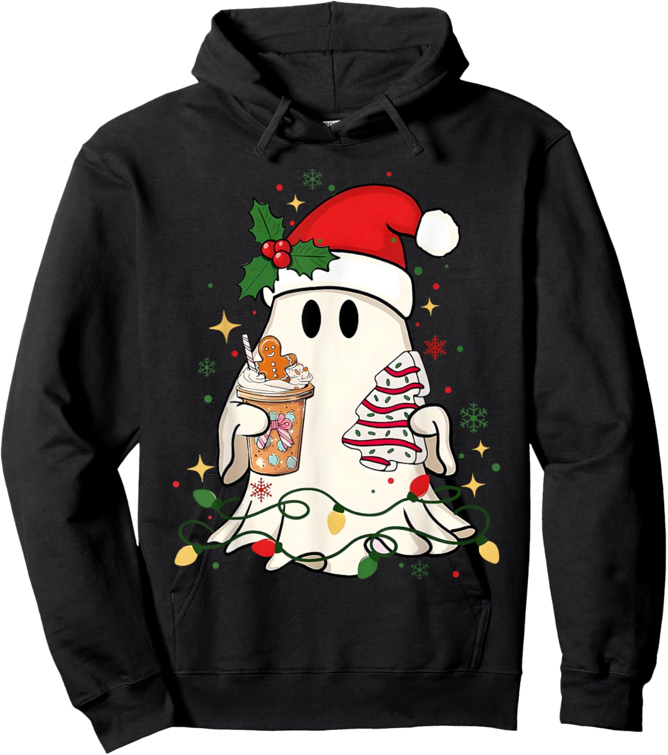 Cute Christmas Ghost Coffee Tree Cake Xmas Lights Boojee Hoodie - Hoodie | Black