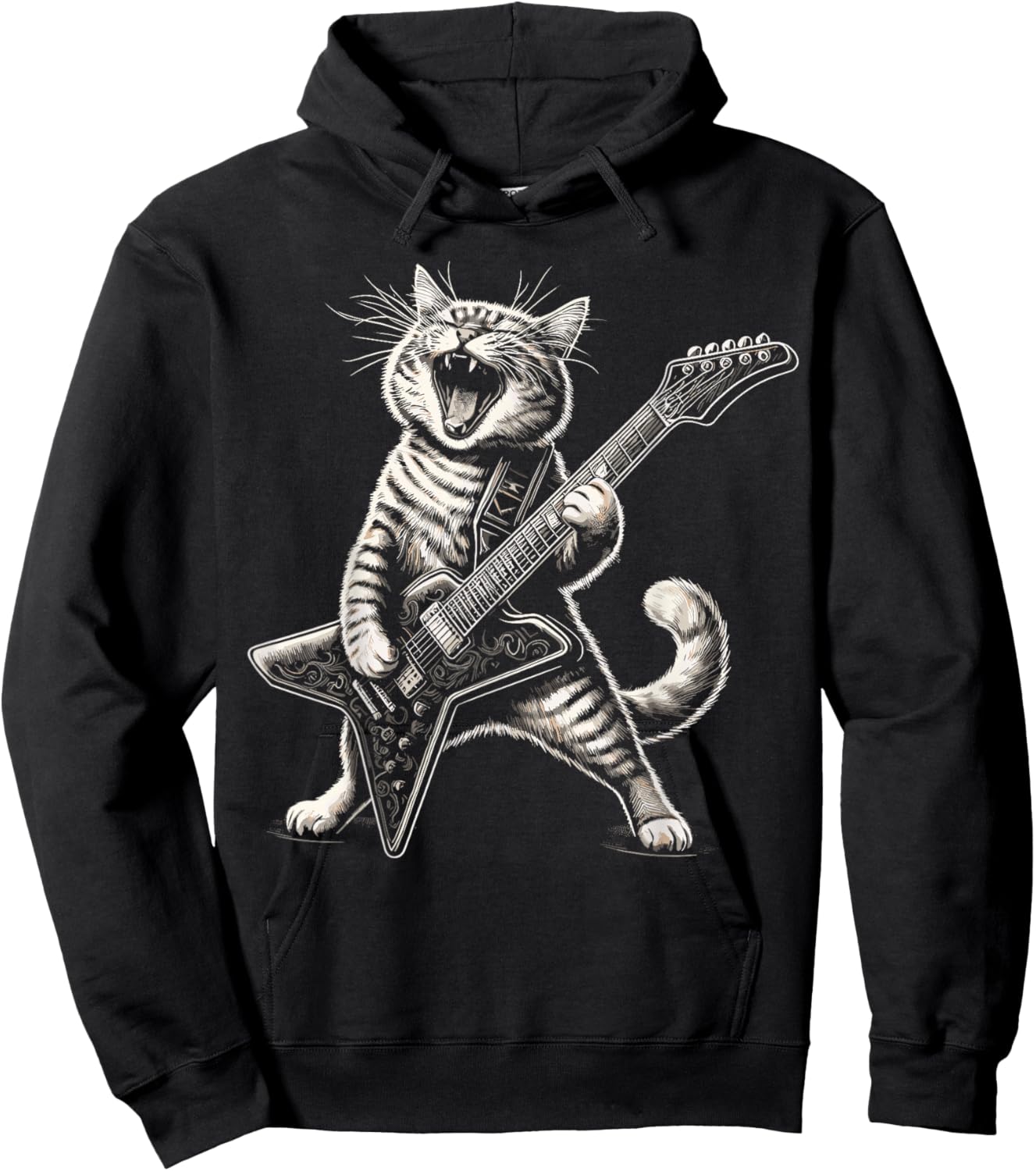 Rock and Roll Cat Playing Guitar Funny Guitar Cat Hoodie - Hoodie | Black