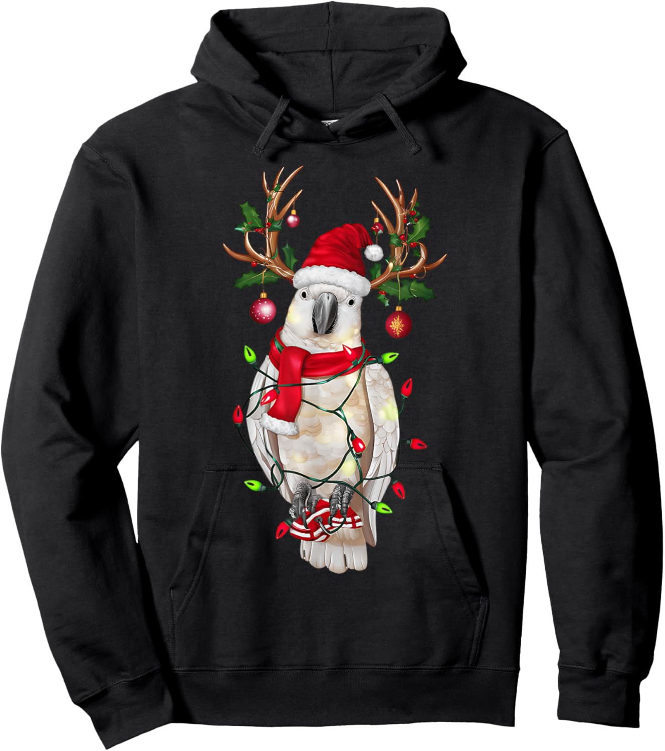 Funny Cockatoo Reindeer Christmas Tree Light Xmas - Black, -Adults & Kids, Short Sleeve, , Size Small Hoodie - Hoodie | Black