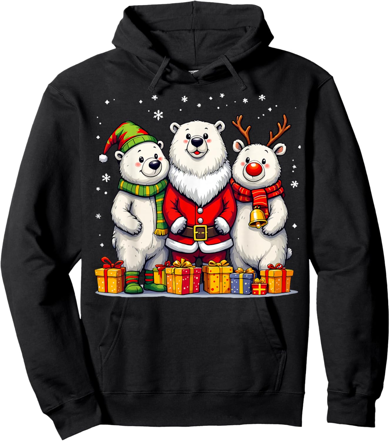 Cute Christmas Polar Bears in Santa Elf and Reindeer Costume Hoodie - Hoodie | Black