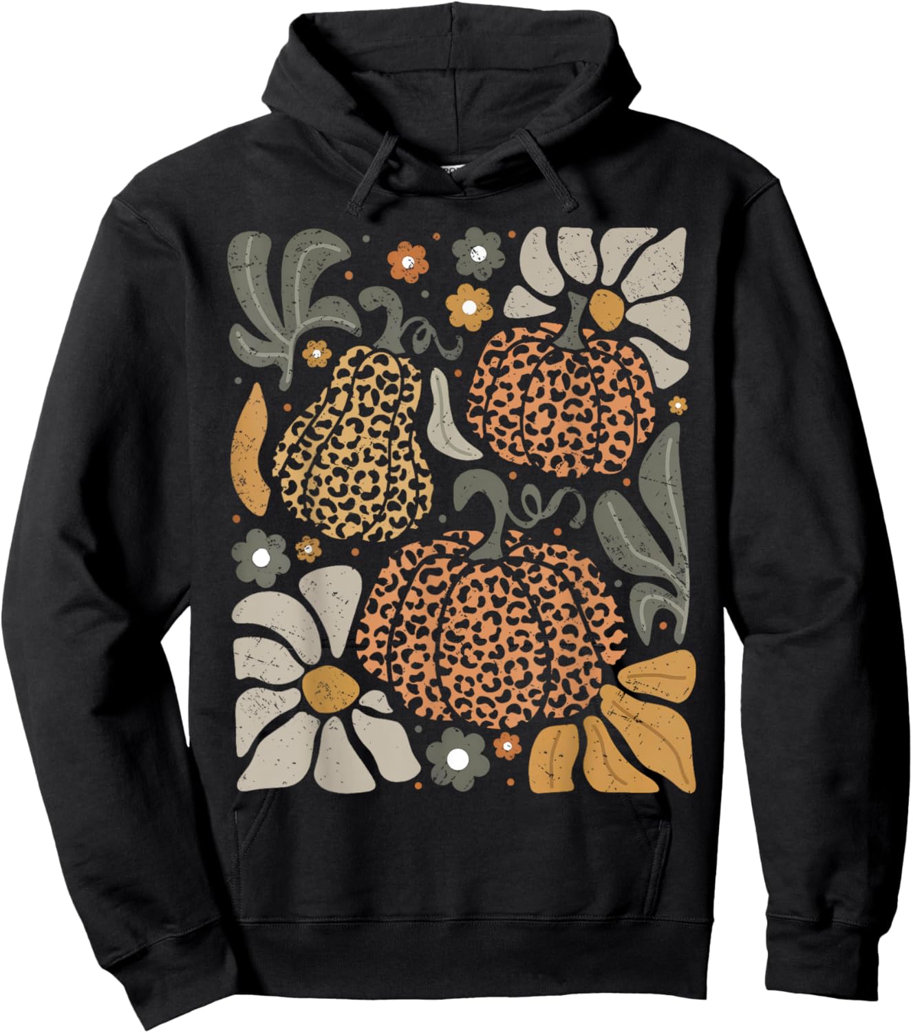 Leopard Pumpkin With Flowers Boho Floral Thanksgiving Hoodie - Hoodie | Black