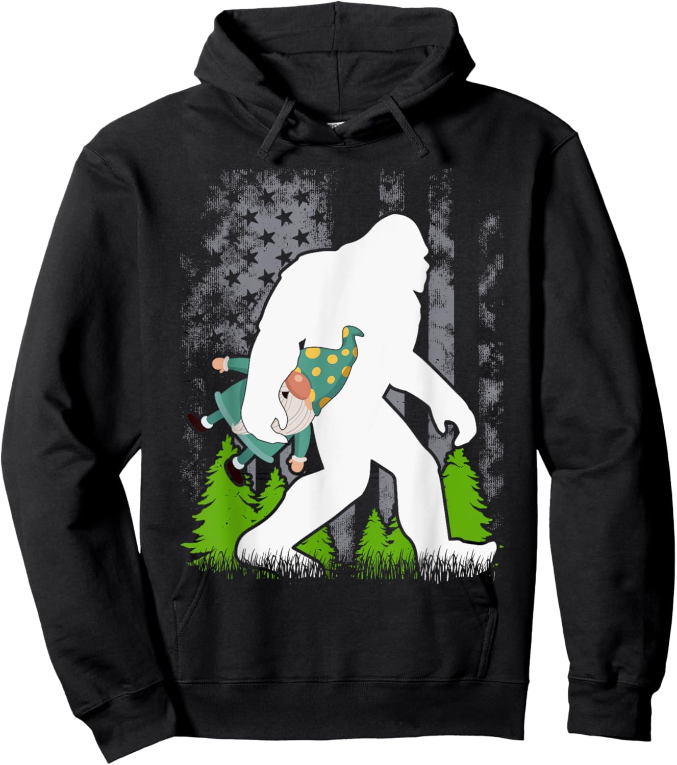 Bigfoot Carrying Gnome Funny Cute Sasquatch Hoodie - Hoodie | Black