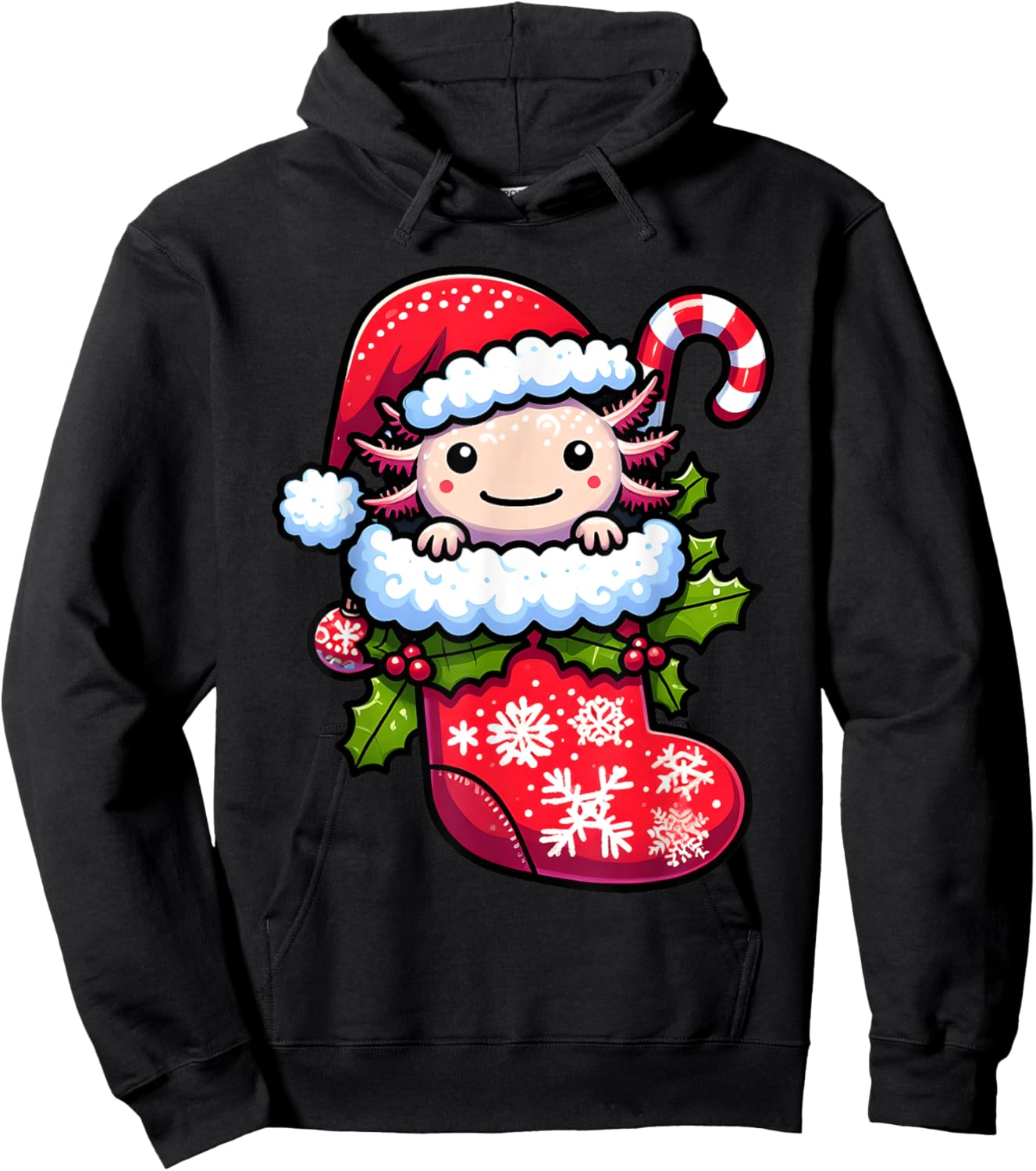 Axolotl Wearing Santa Hat Christmas Stocking Xmas Pajama Hoodie - Hoodie | Black