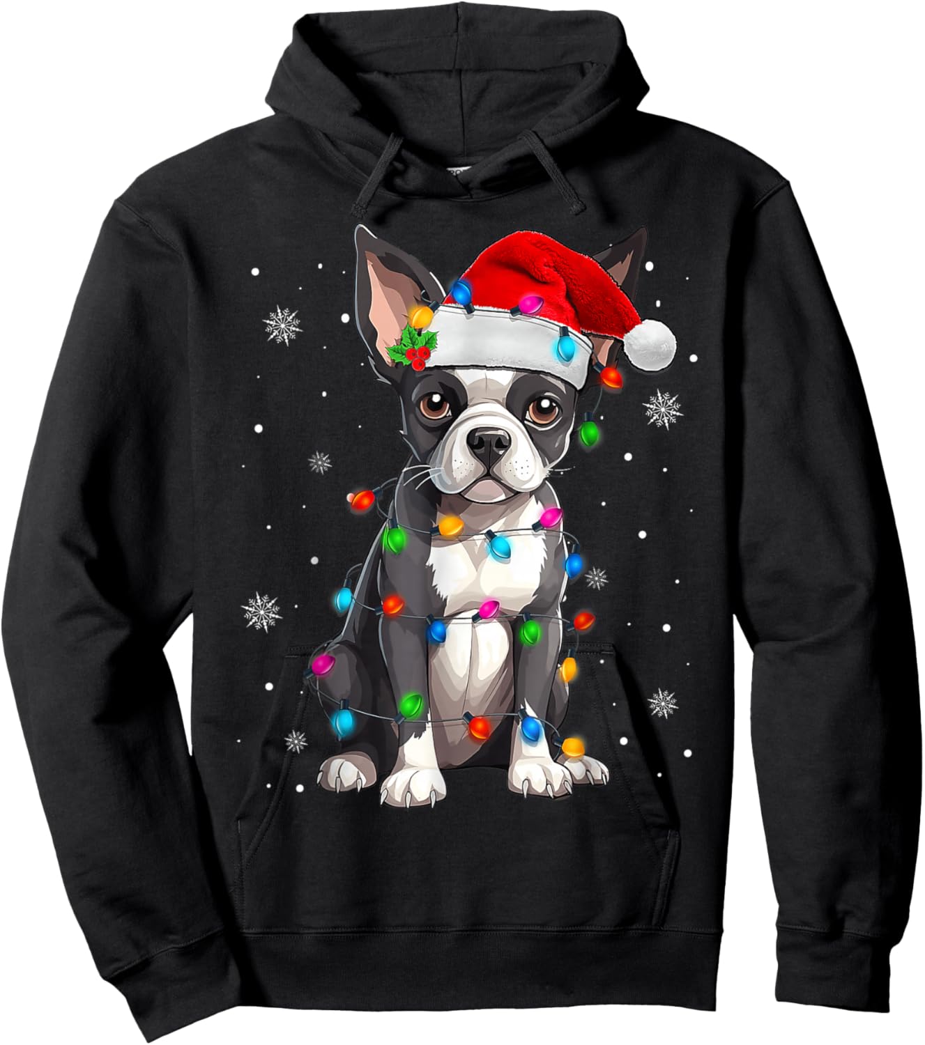 Boston Terrier Christmas Santa Hat Tree Lights Pajama Hoodie - Hoodie | Black