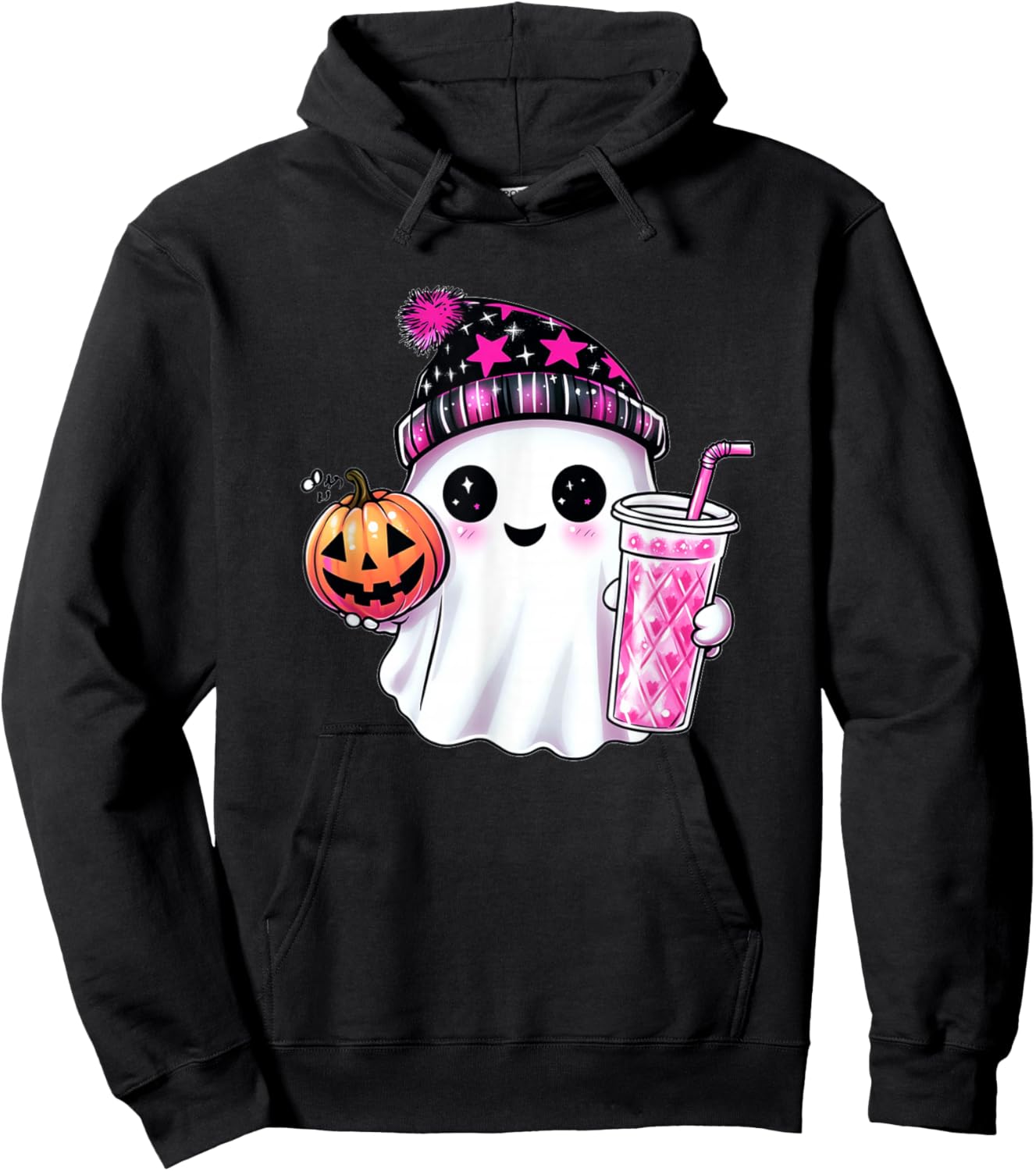 Cute Ghost Drinking Coffee Halloween Ghost Ice Coffee Hoodie - Hoodie | Black