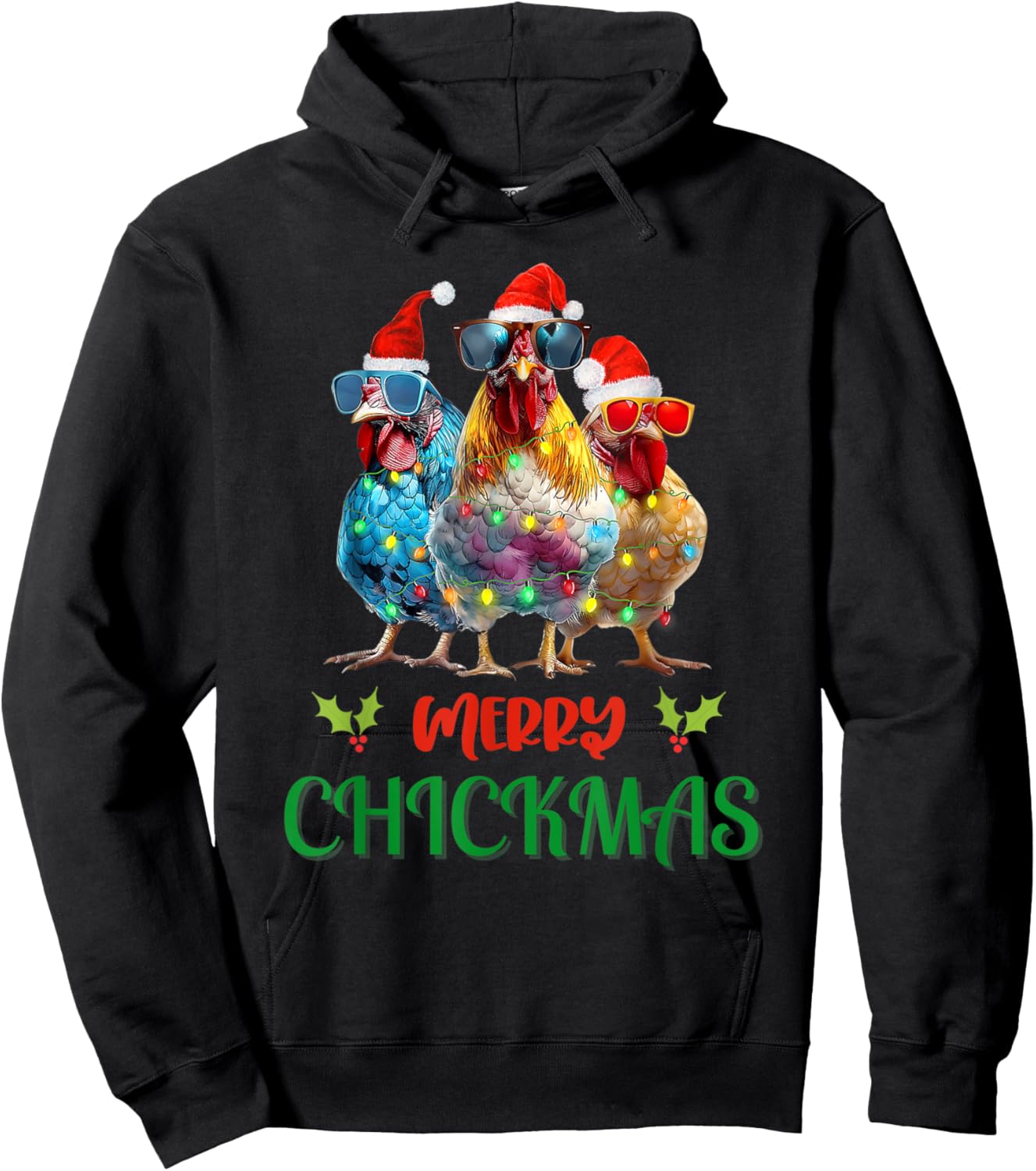 Merry Chickmas Ornament Lights Chicken Farmer Christmas Hoodie - Hoodie | Black