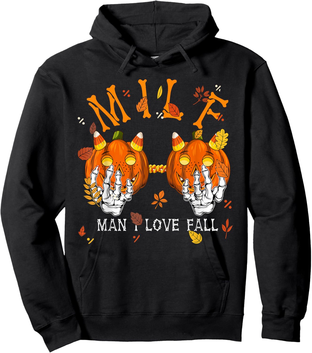 M I L F Man I Love Fall Autumn Season Skeleton Pumpkin Hand Hoodie - Hoodie | Black