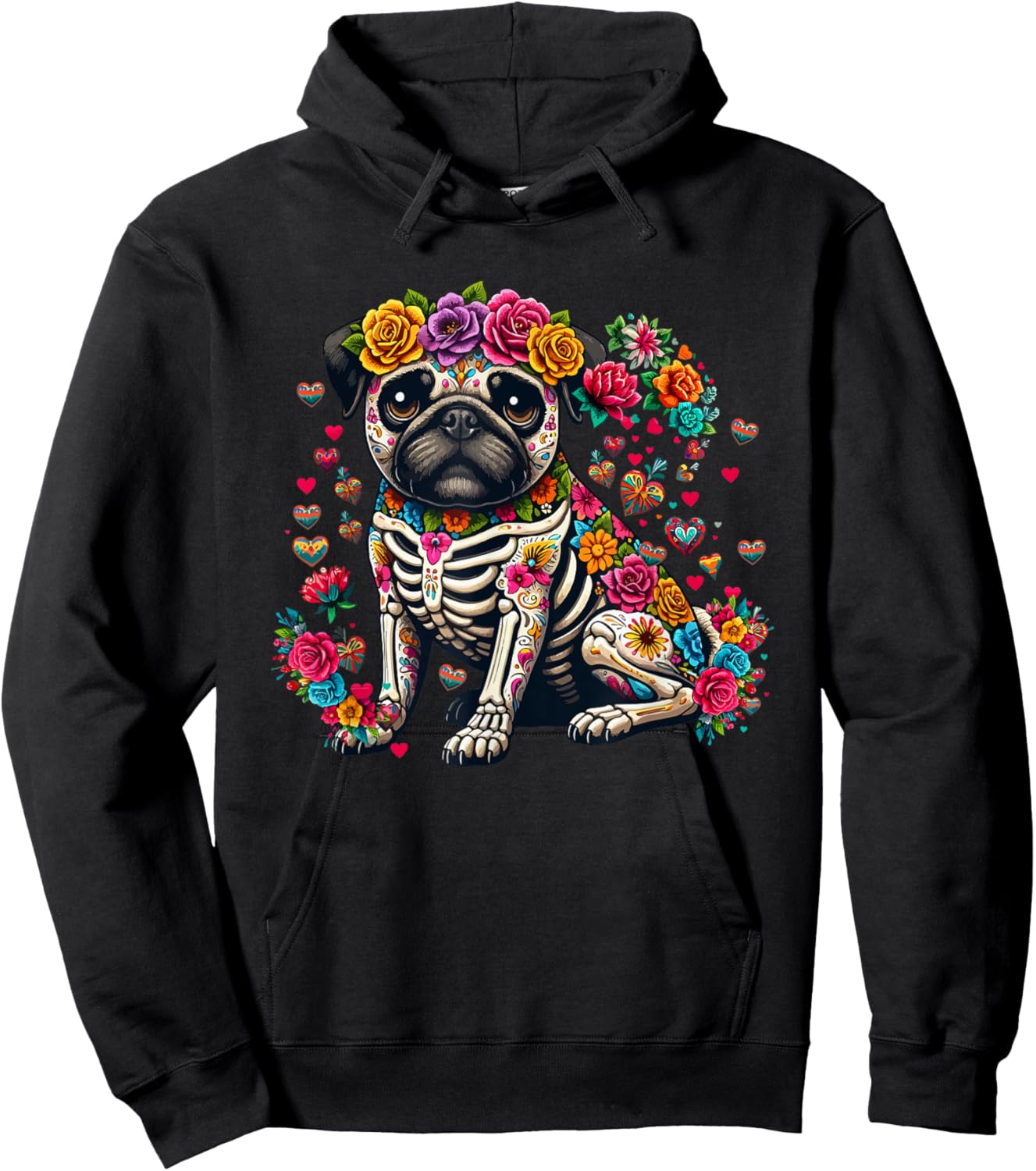 Pug Floral Skeleton Dia De Los Muertos Mexican Lover Owner Hoodie - Hoodie | Black