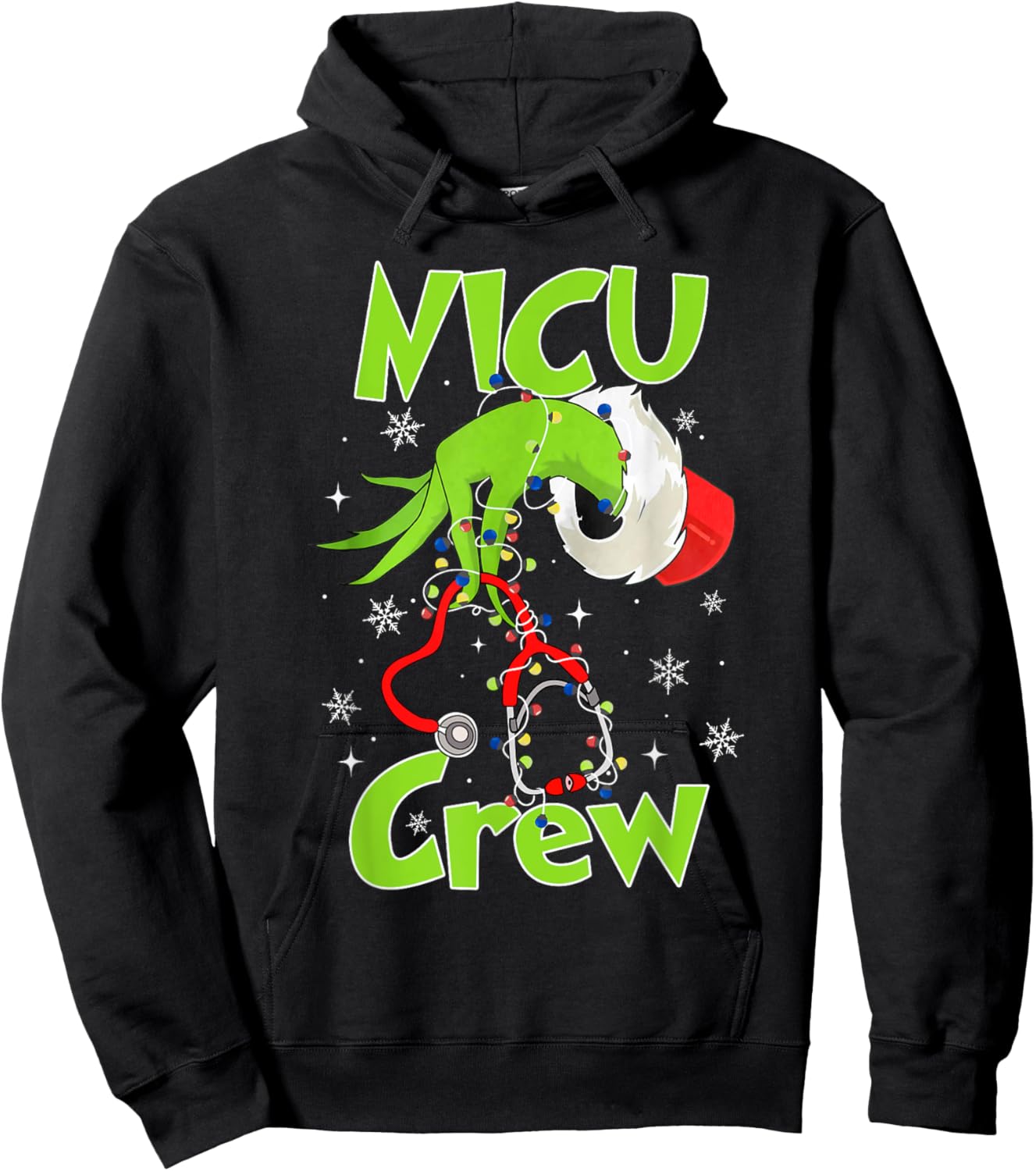 Nurse Christmas Stethoscope NICU Crew Xmas Lights Pajamas Hoodie - Hoodie | Black