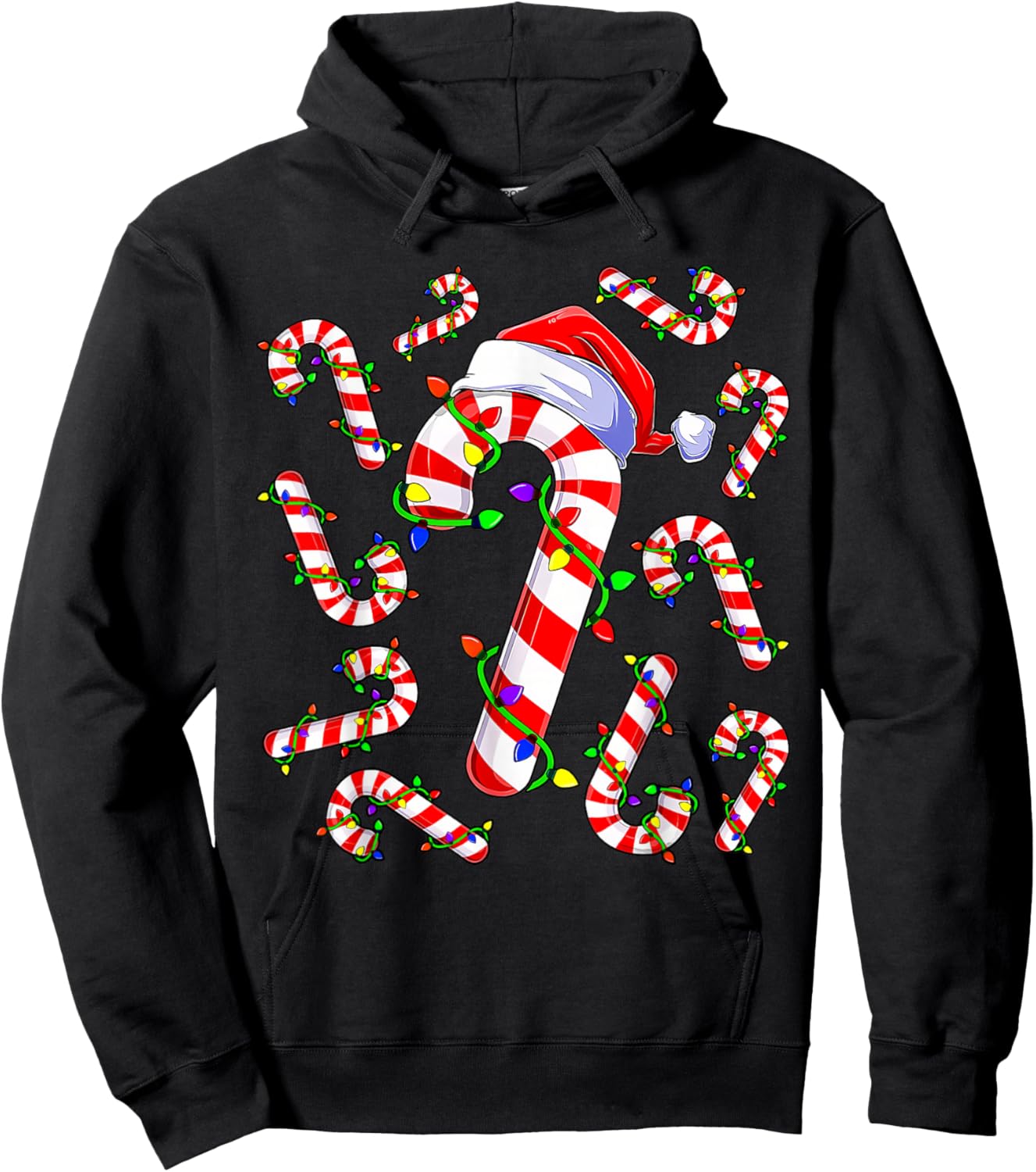 Red and White Christmas Candy Cane Santa Lights Christmas Hoodie - Hoodie | Black