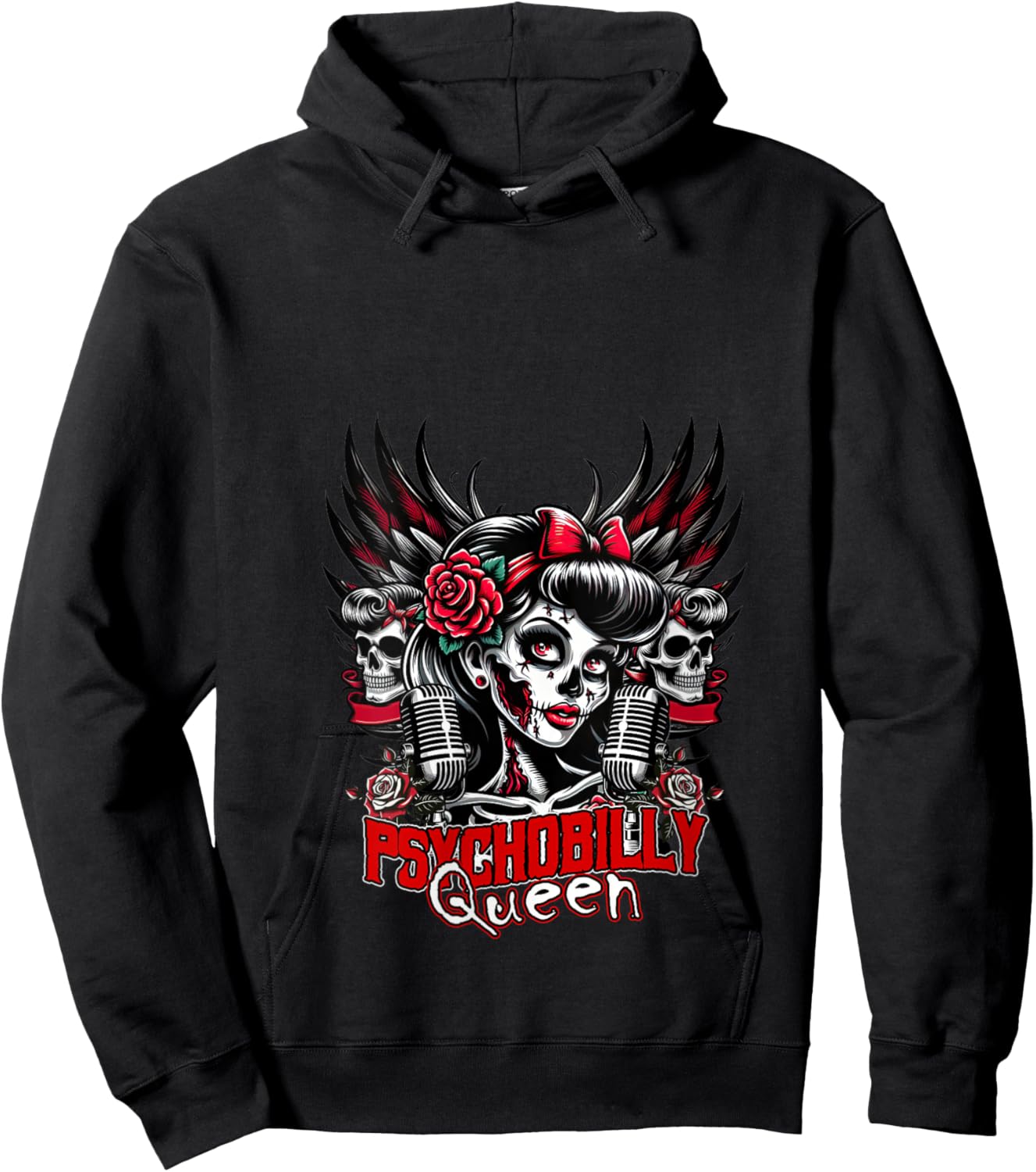 Psychobilly Queen Zombie Pin Up Girl Retro Rockabilly V-Neck Hoodie - Hoodie | Black