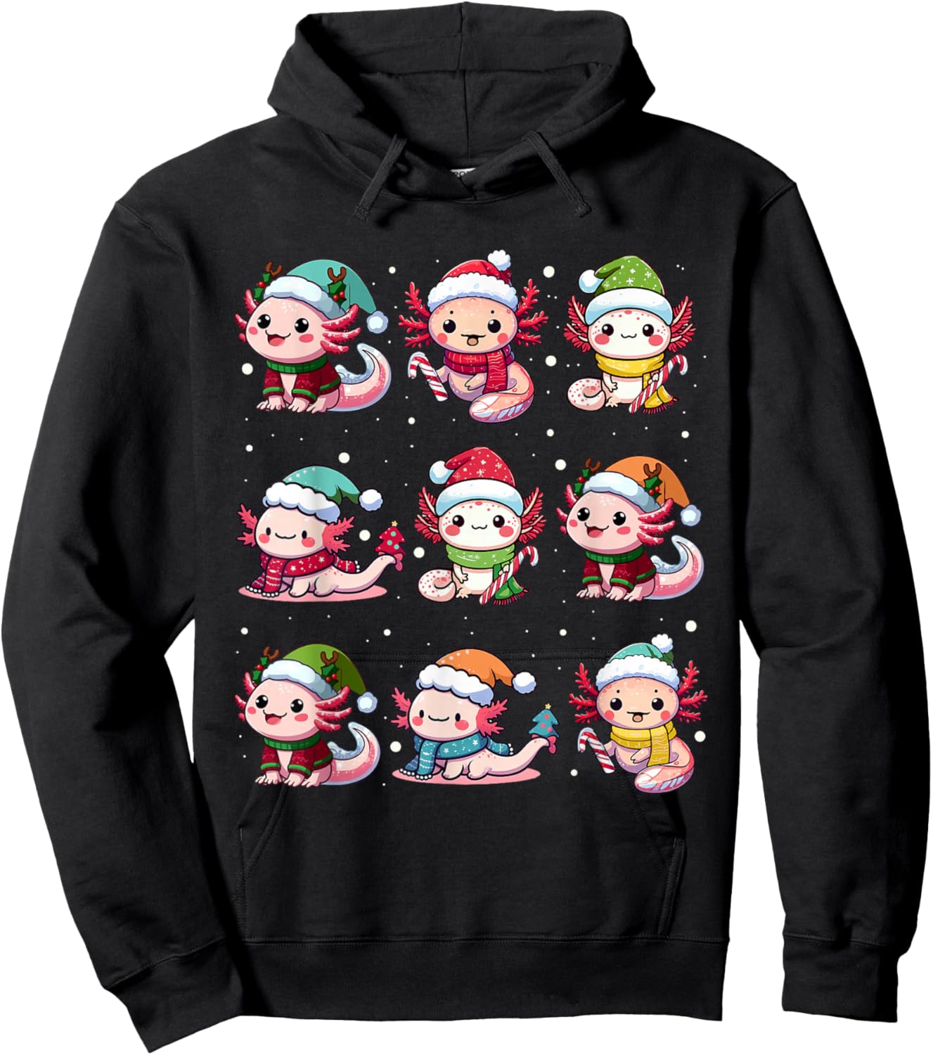 Cute Axolotl Santa Hat Xmas Lights Japanese Christmas Anime Hoodie - Hoodie | Black
