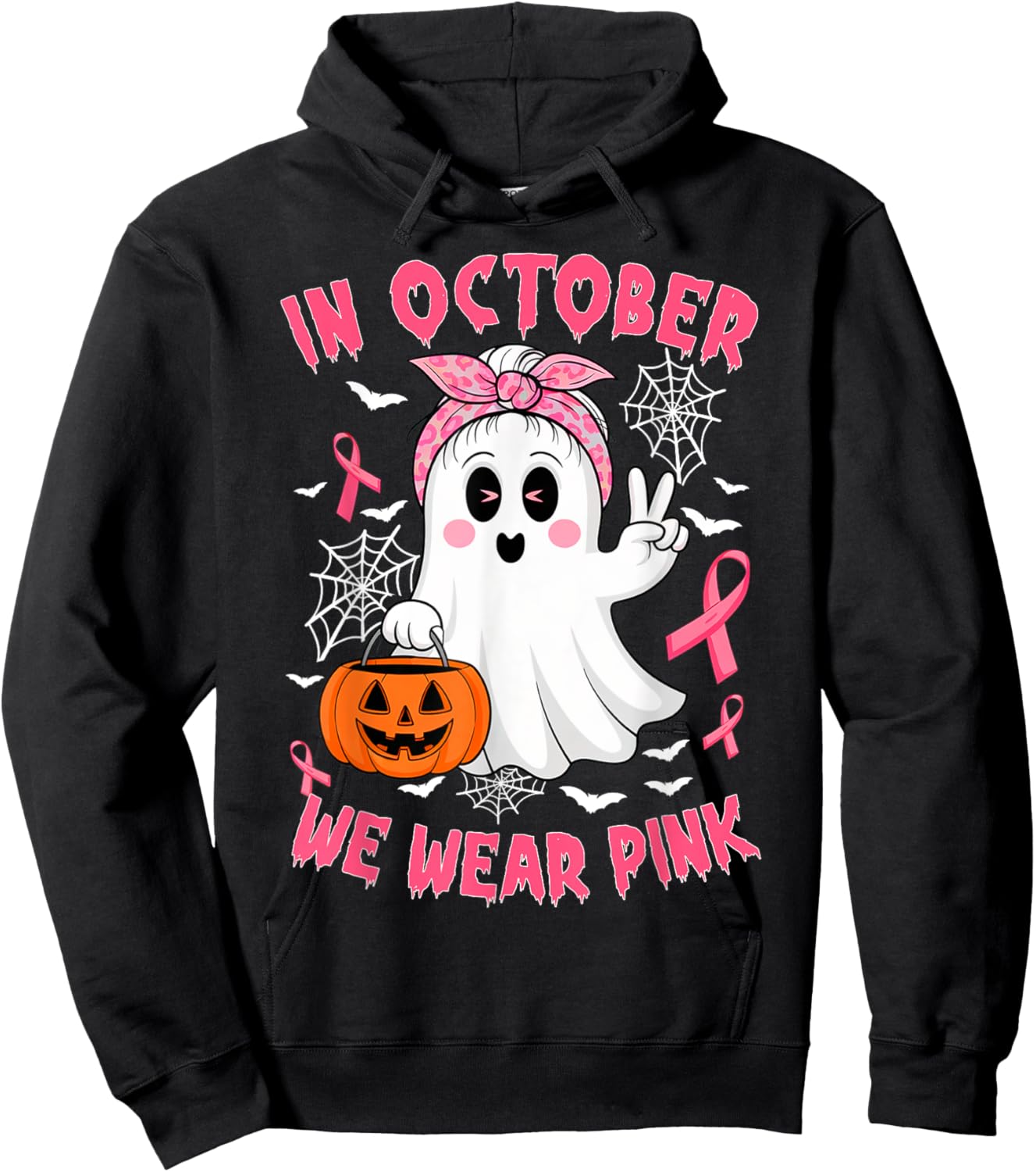Breast Cancer Awareness In October We Wear Pink Cute Ghost Hoodie - Hoodie | Black