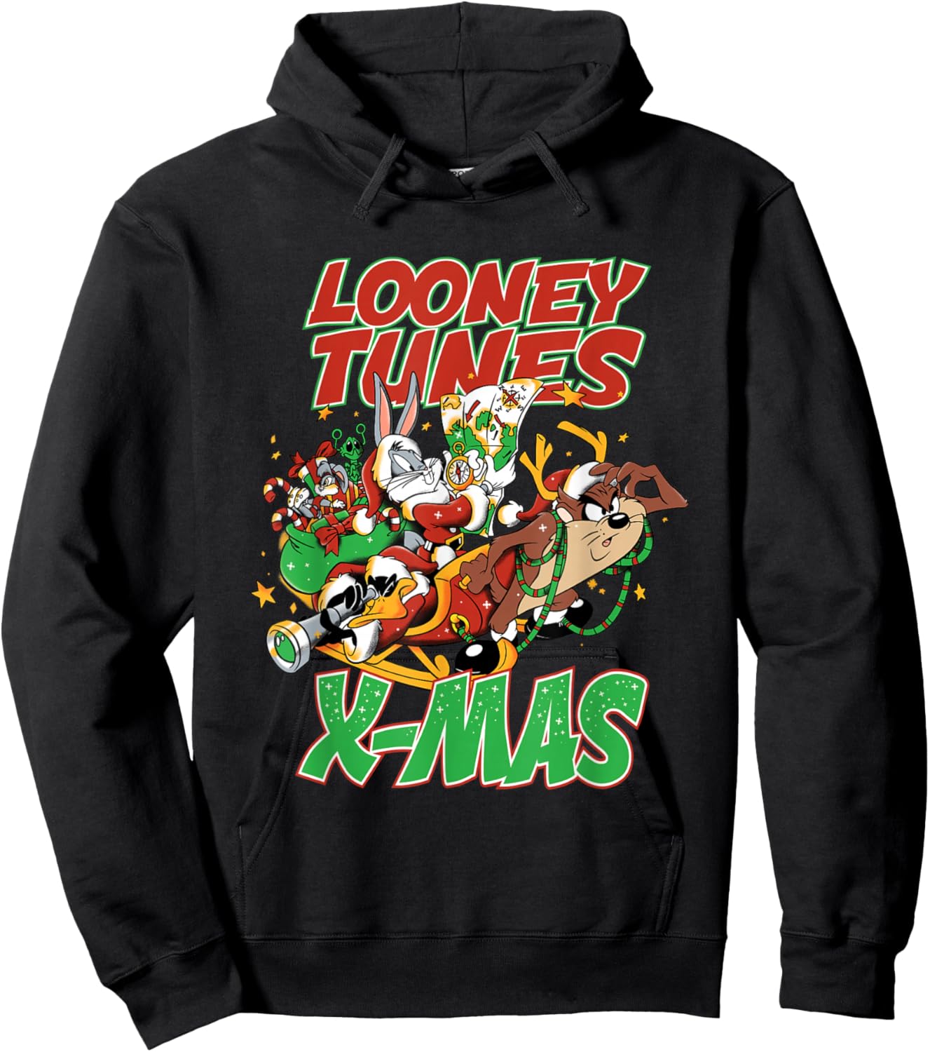 Christmas Looney Tunes Tax Reindeer Sleigh Bugs Daffy Hoodie - Hoodie | Black