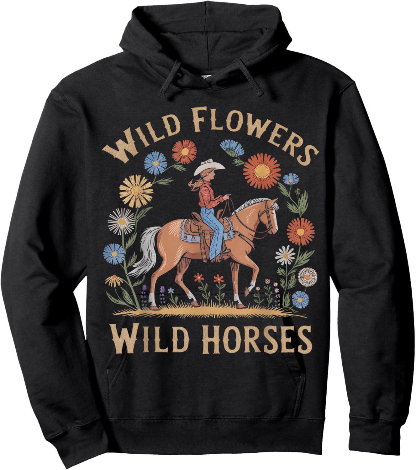 Retro Southern Sunset Wild Cowgirl Flowers - Wild Horses Hoodie - Hoodie | Black