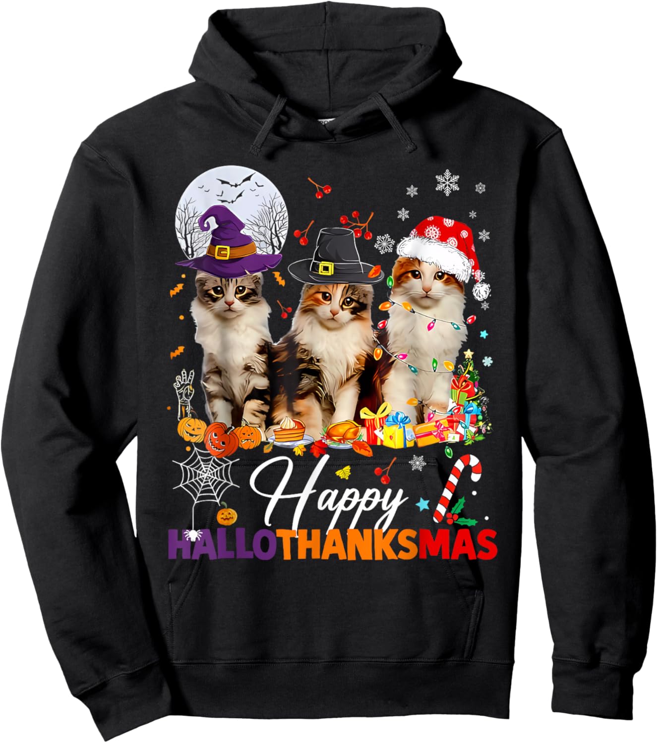 Happy Hallothanksmas Cute Cats Halloween Thanksgiving Xmas Hoodie - Hoodie | Black