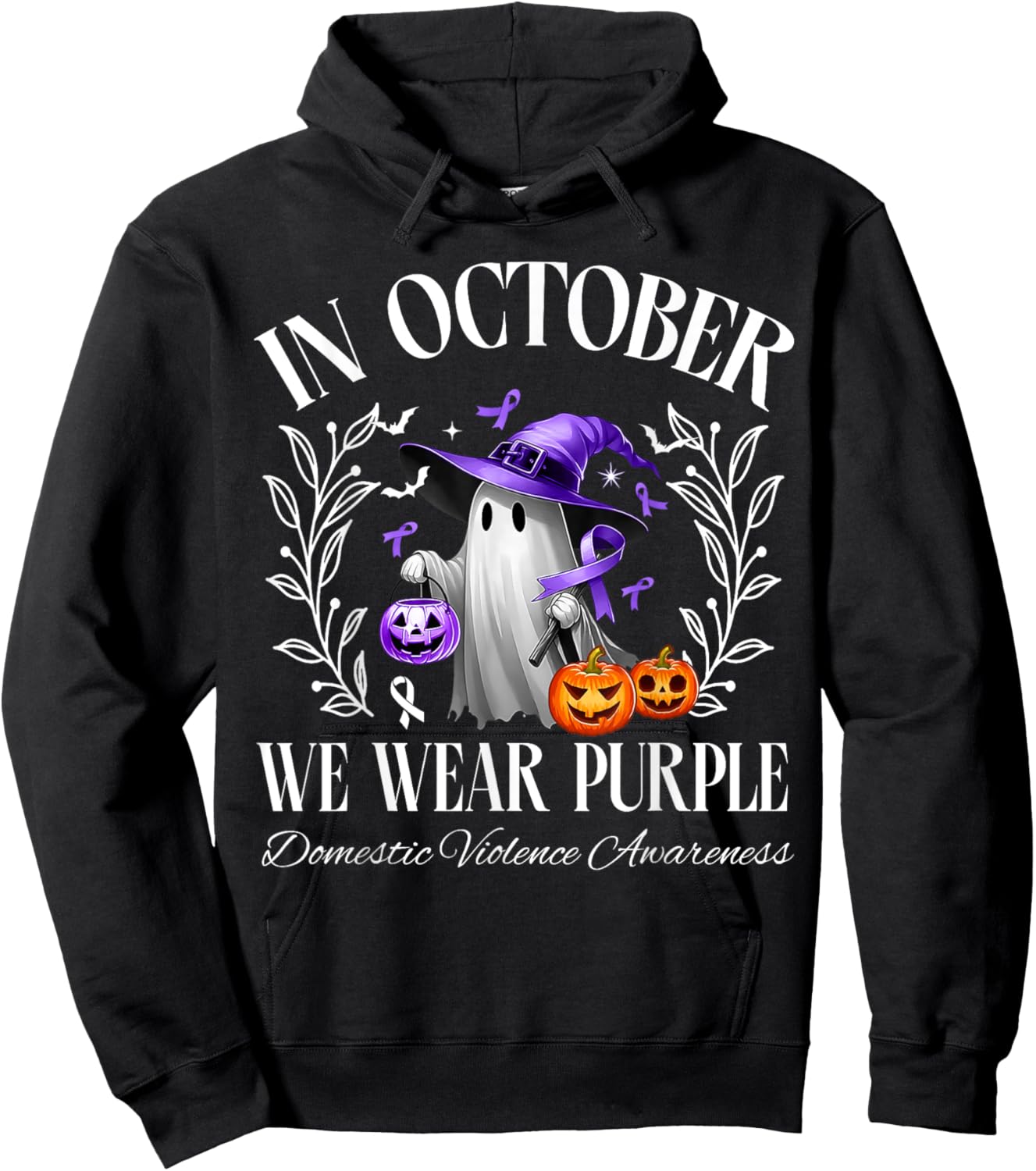 In October We Wear Purple Domestic Violence Ghost Halloween Hoodie - Hoodie | Black