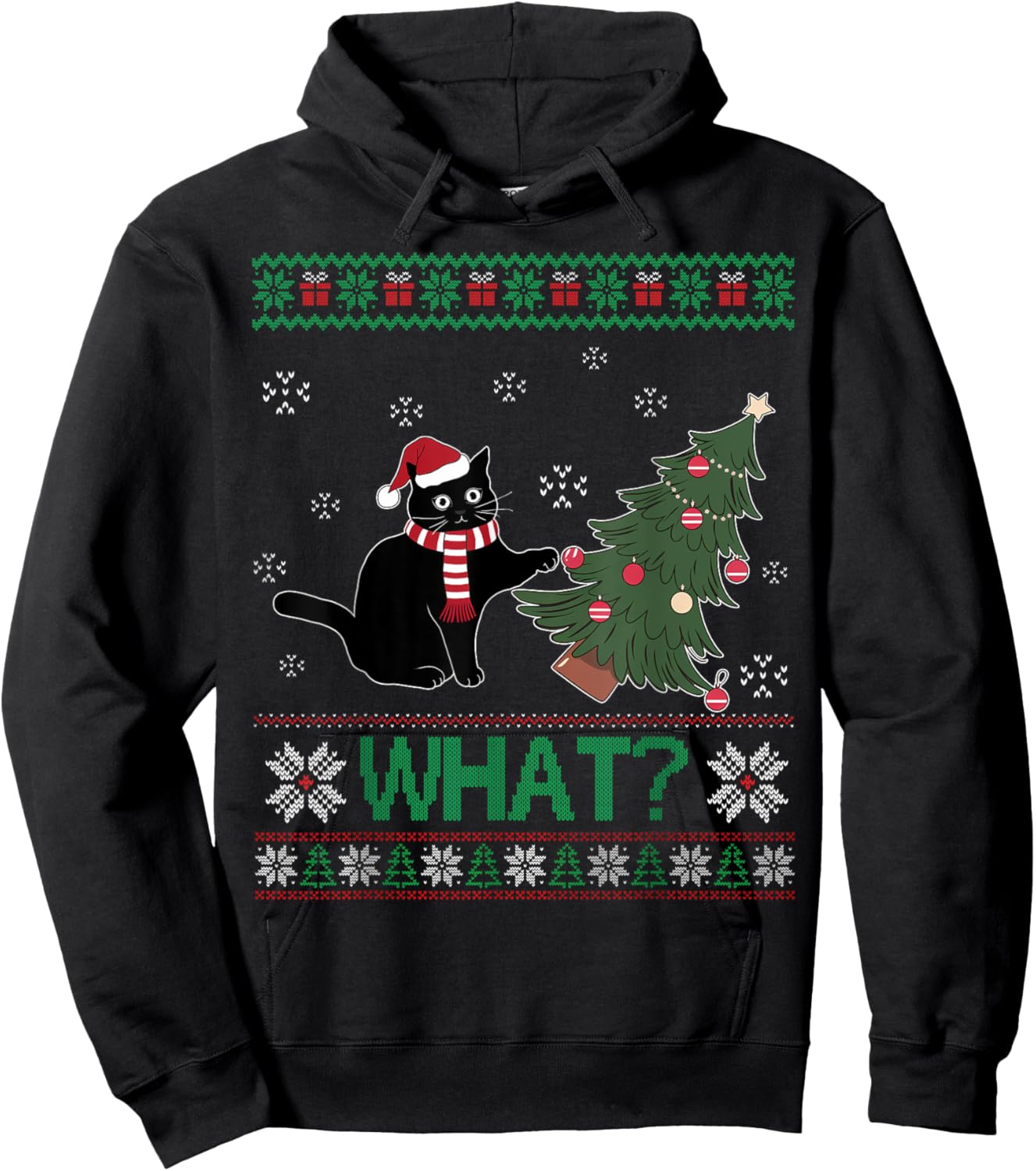 Black Cat What Pushing Christmas Tree Funny Cat Xmas Gifts Men Women Kids Hoodie - Hoodie | Black