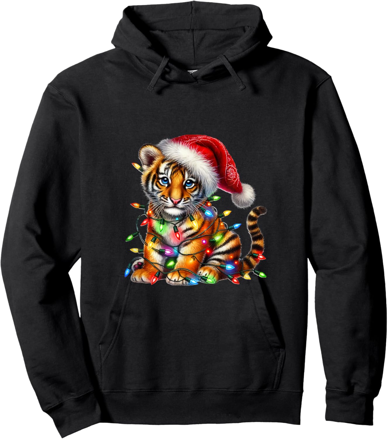 Cute Tiger Christmas Lights Festive Holiday Hoodie - Hoodie | Black