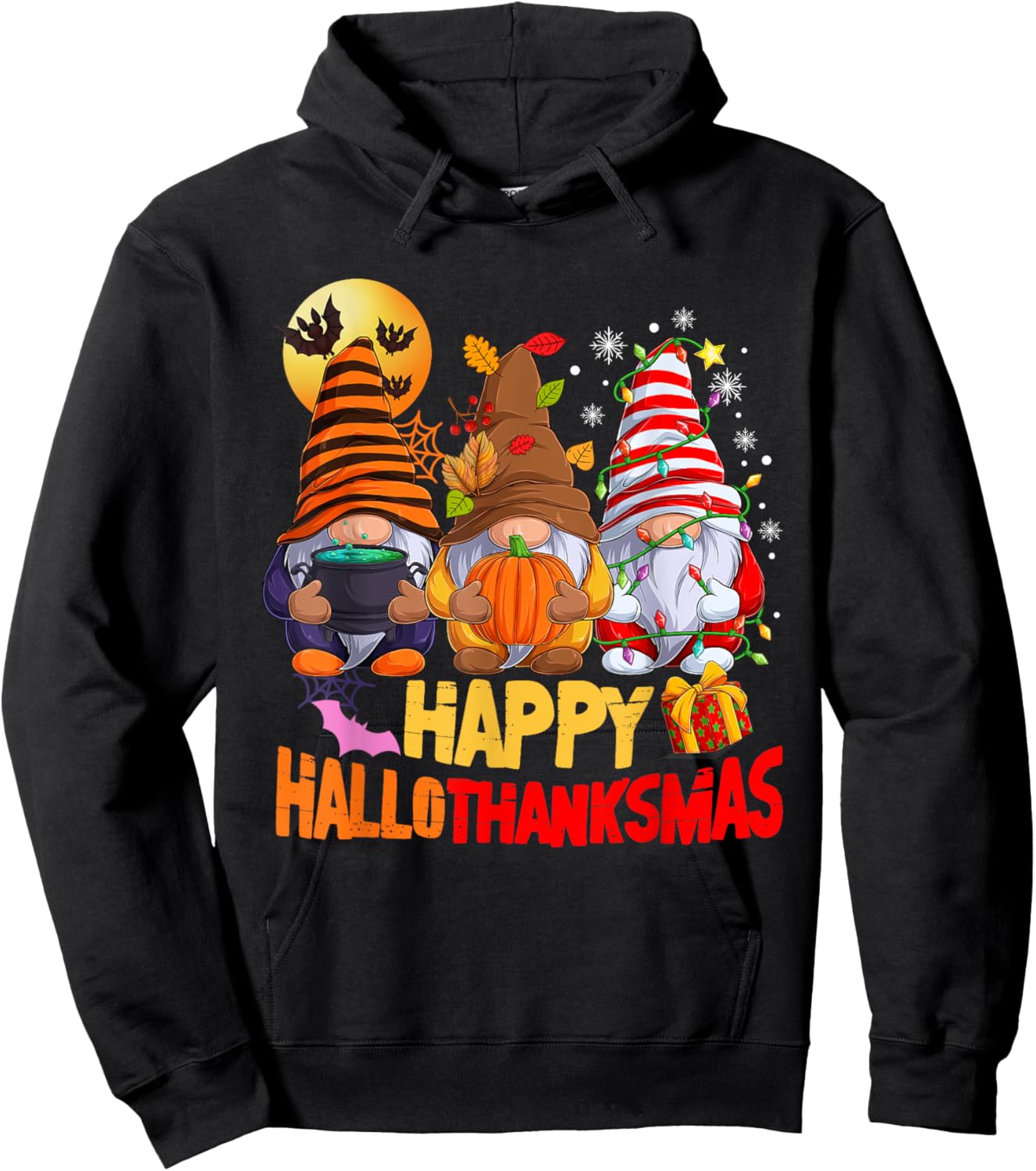 Happy Hallothanksmas Gnomes Lover Halloween Merry Christmas Hoodie - Hoodie | Black