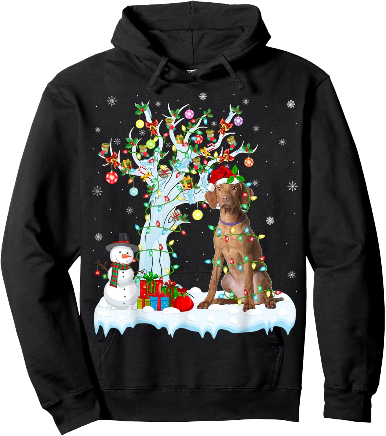 Vizsla Dog Xmas Lighting Tree Santa Hat Vizsla Christmas Men Women Kids Hoodie - Hoodie | Black