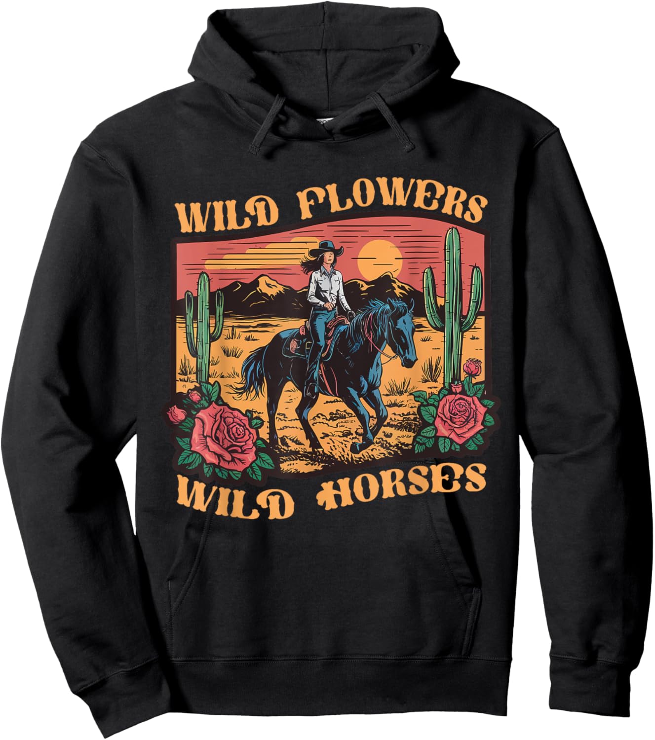 Vintage Sunset Cowgirl Riding Horse Wildflowers Women Girls Hoodie - Hoodie | Black
