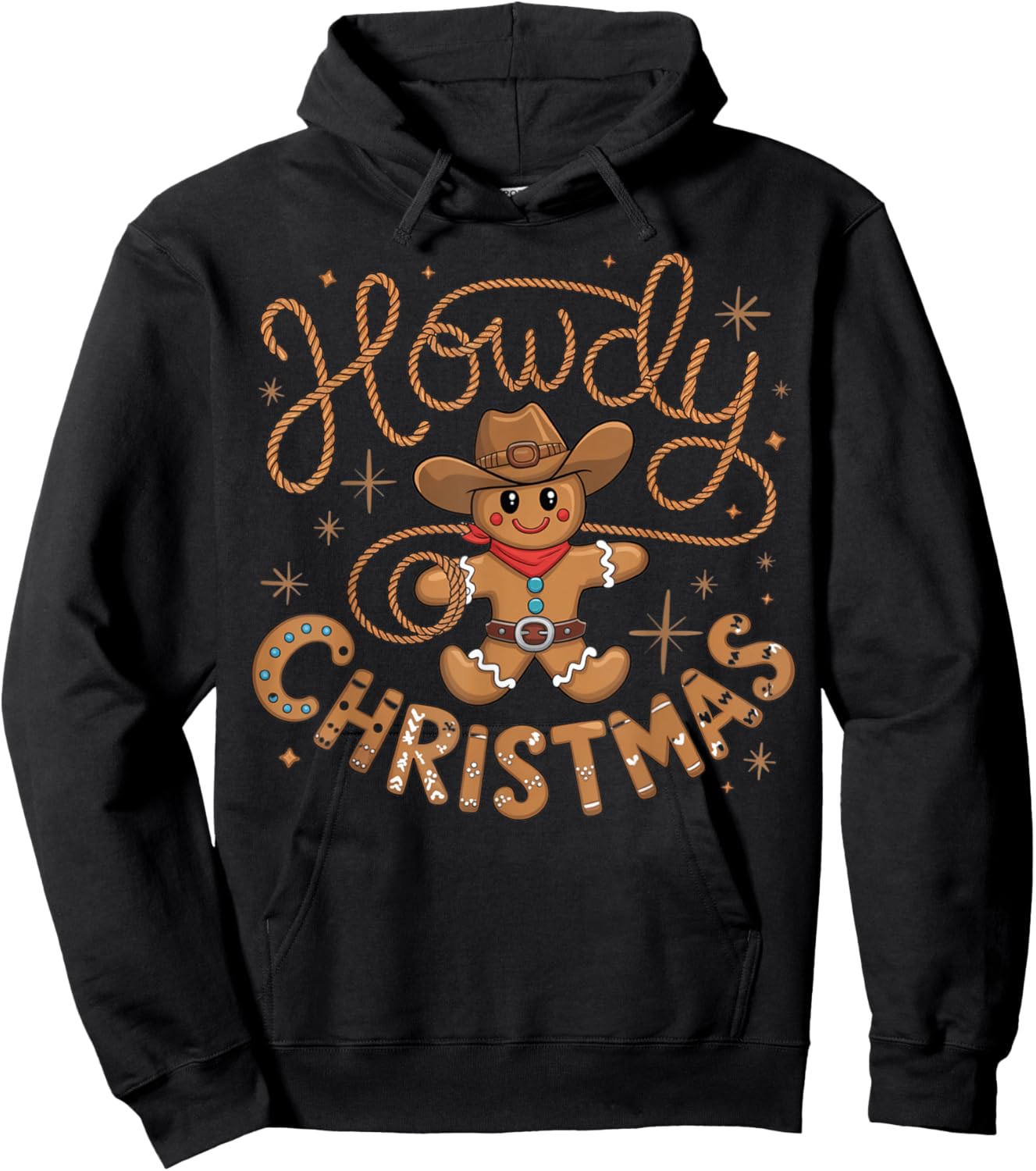 Retro Gingerbread Cowboy Western Howdy Christmas Christmas , Black, Small, Short Sleeve, Cotton Blend, Machine Wash, Regular Fit, Cartoon Pattern, Western Style Hoodie - Hoodie | Black