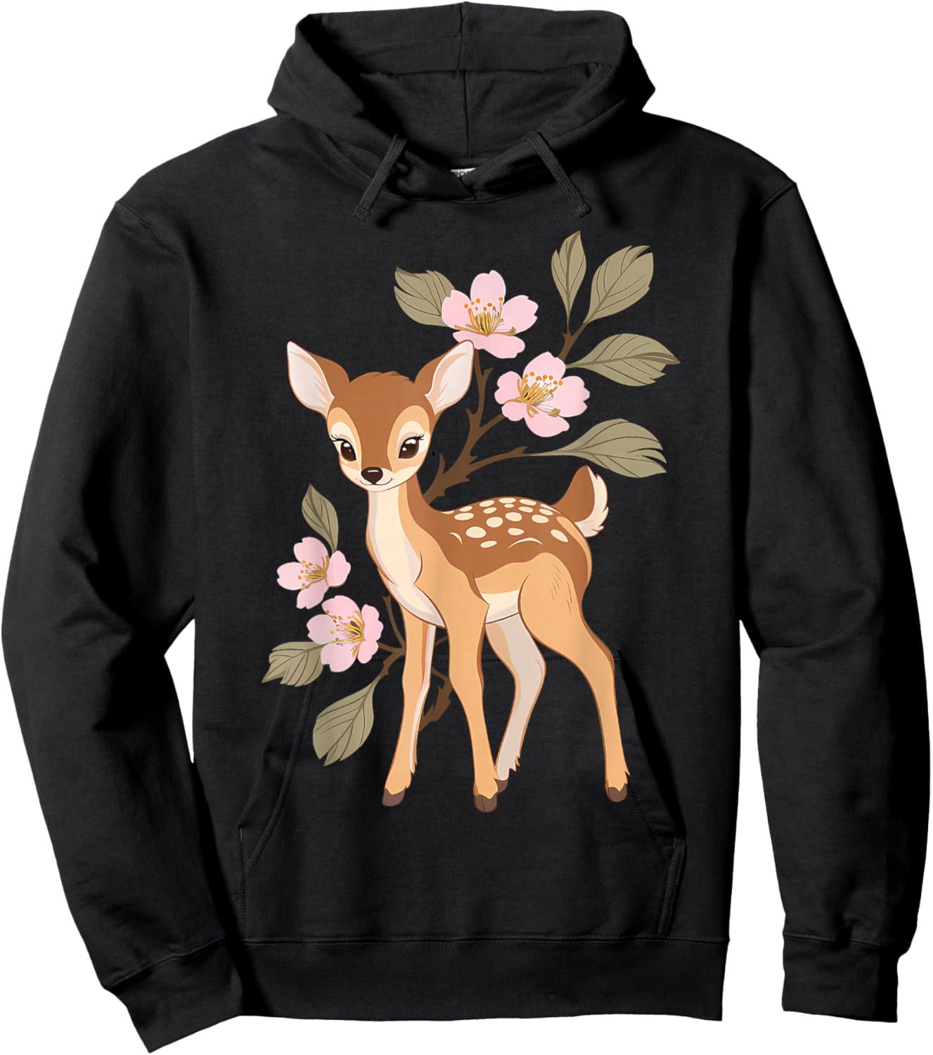 Cute Kawaii Japanese Graphic Deer Sakura Cherry Blossom Hoodie - Hoodie | Black