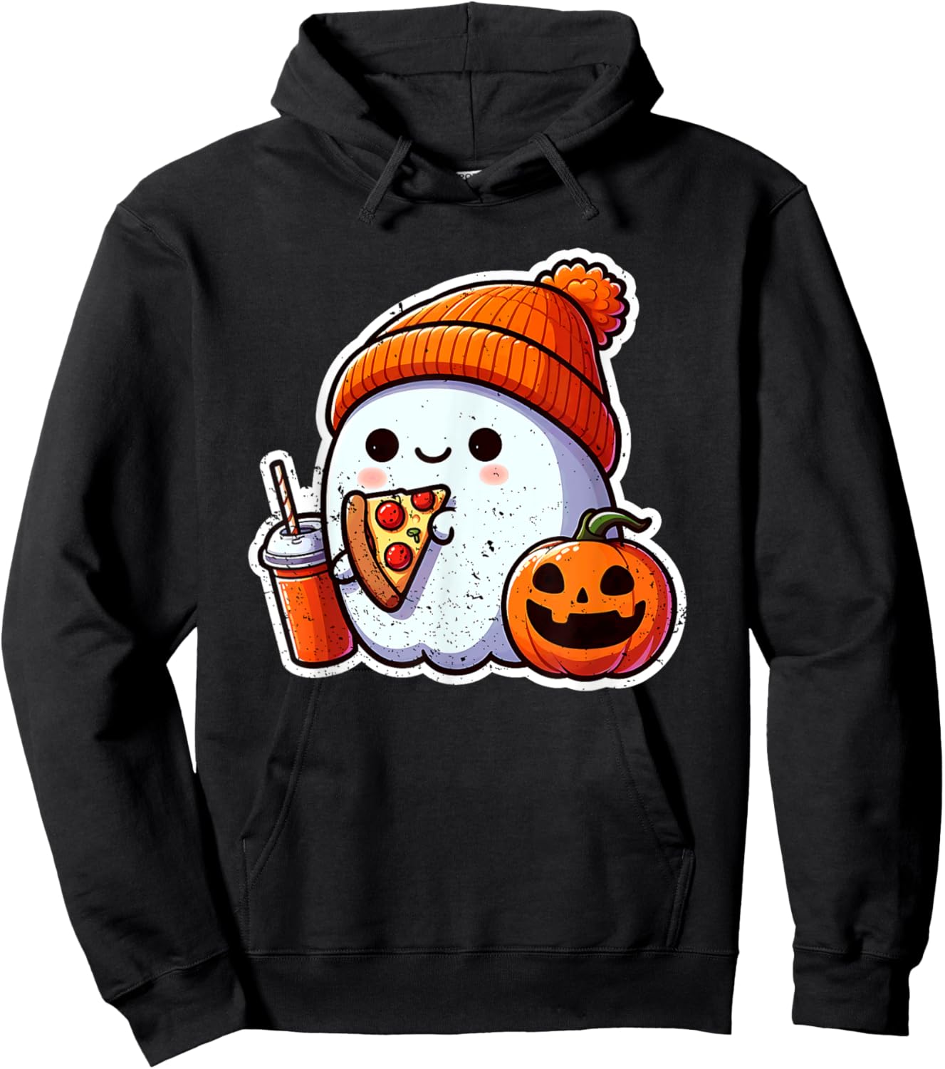Halloween Ghost Coffee n Pizza Cute Costume Girl Kids Women Hoodie - Hoodie | Black