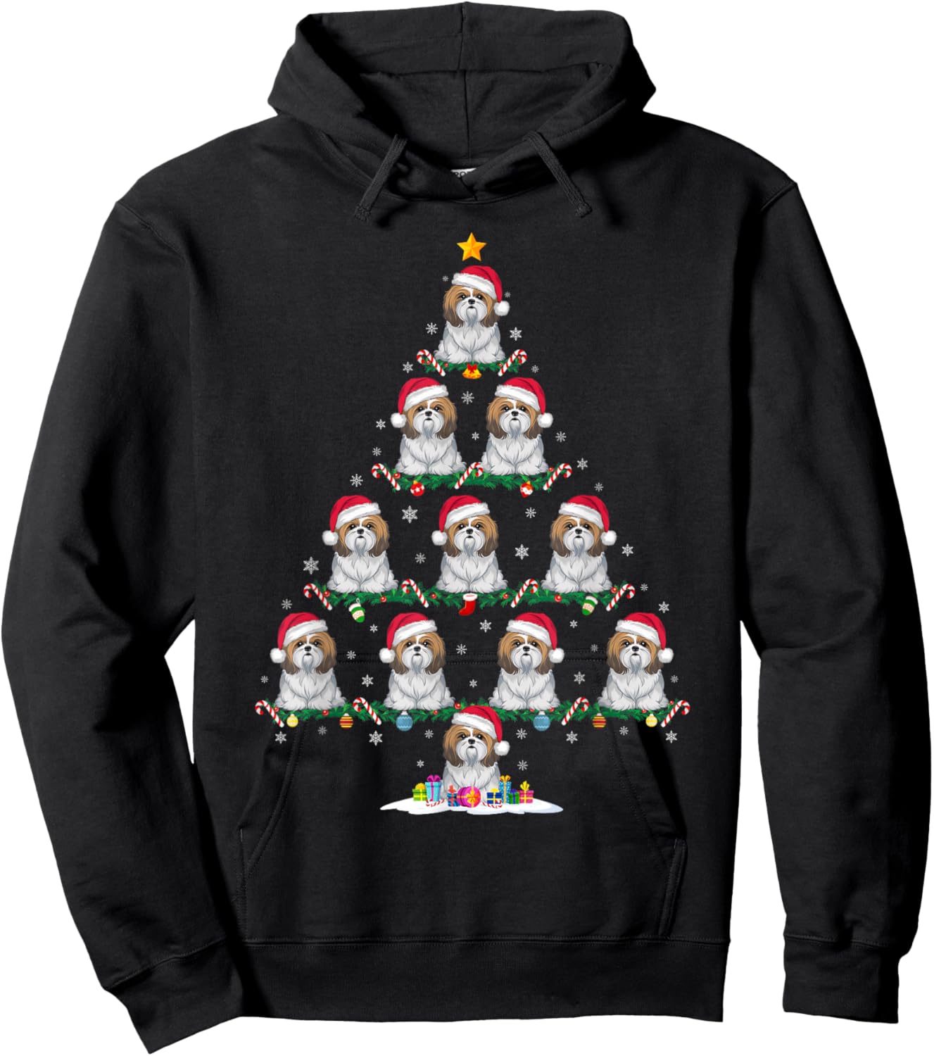 Shih Tzu Dog Christmas Tree Pajama Men Women Kids Ugly Xmas Hoodie - Hoodie | Black