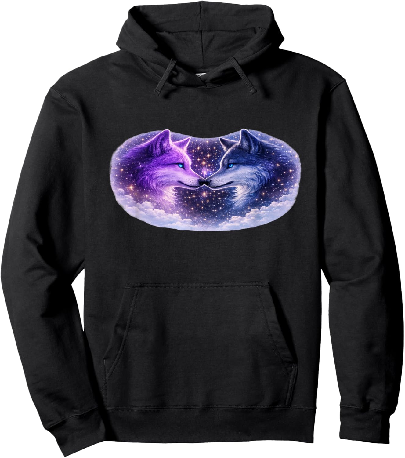 Celestial Purple Blue Wolves Cosmic Spirit Wolf Art T-Shirt - Hoodie | Black