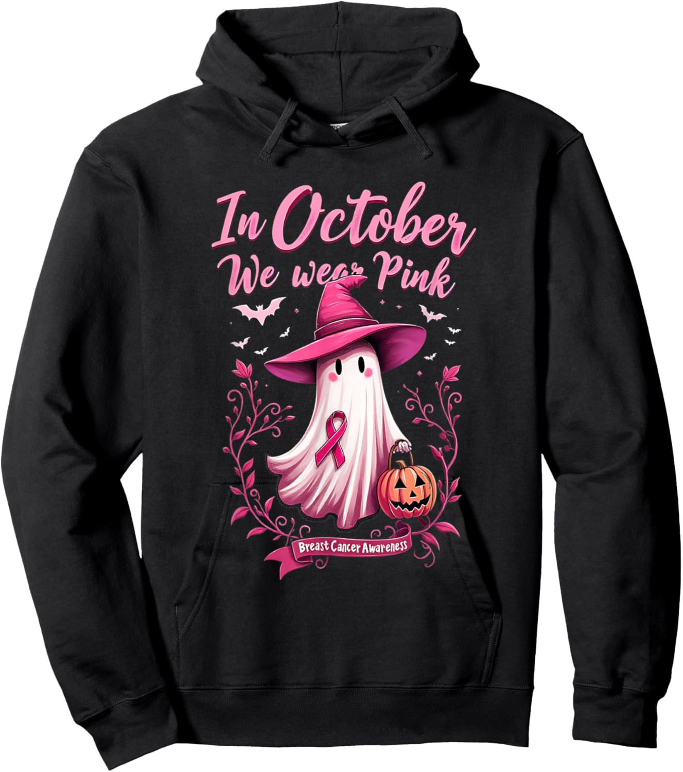 Cute We Wear Pink Ghost Witch Hat Breast Cancer Awareness Hoodie - Hoodie | Black