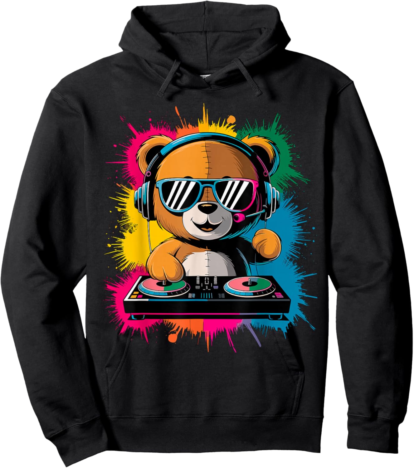 Magical and Funny DJ Gifts Colorful DJ Teddy Bear , Children's , Black, Small, Short Sleeve, Cotton Blend, Cartoon, Classic Fit, Imported Hoodie - Hoodie | Black