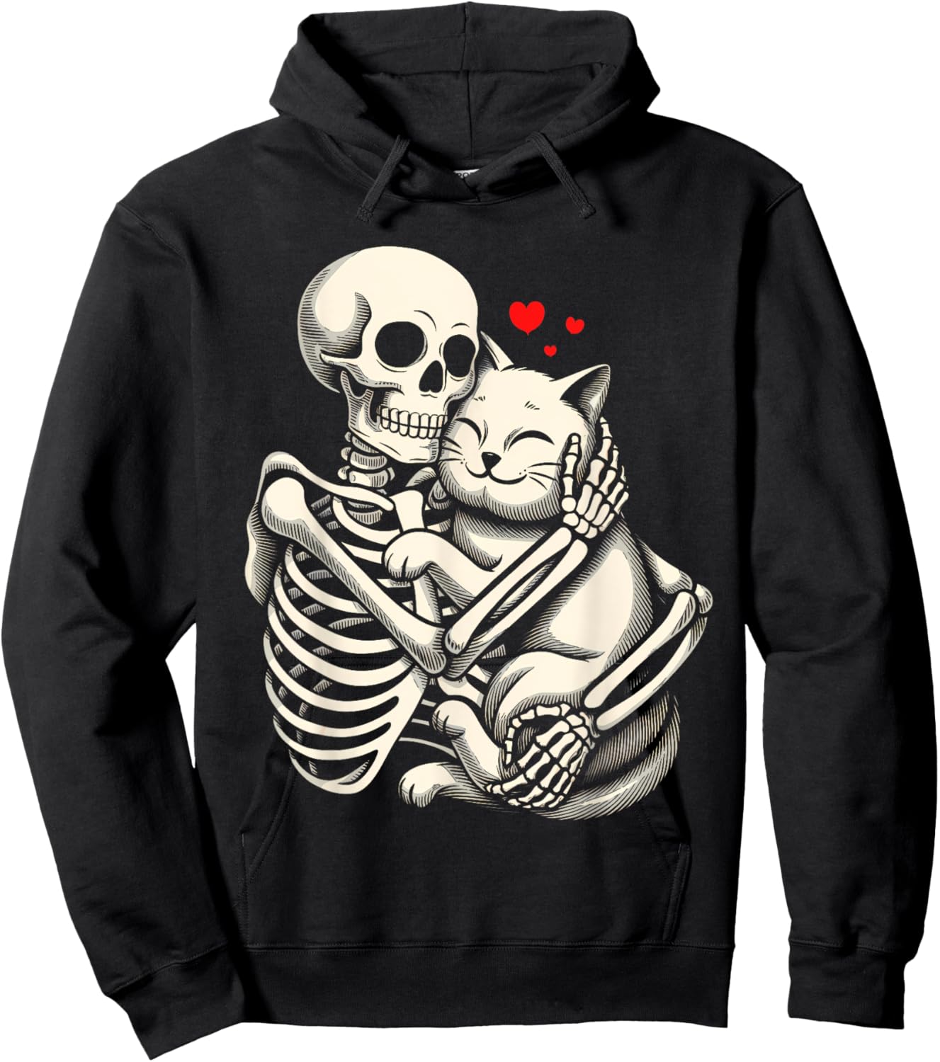 Skeleton Hugging Cat Halloween Cat Lover Cat Mom Dad Women Kids Hoodie - Hoodie | Black