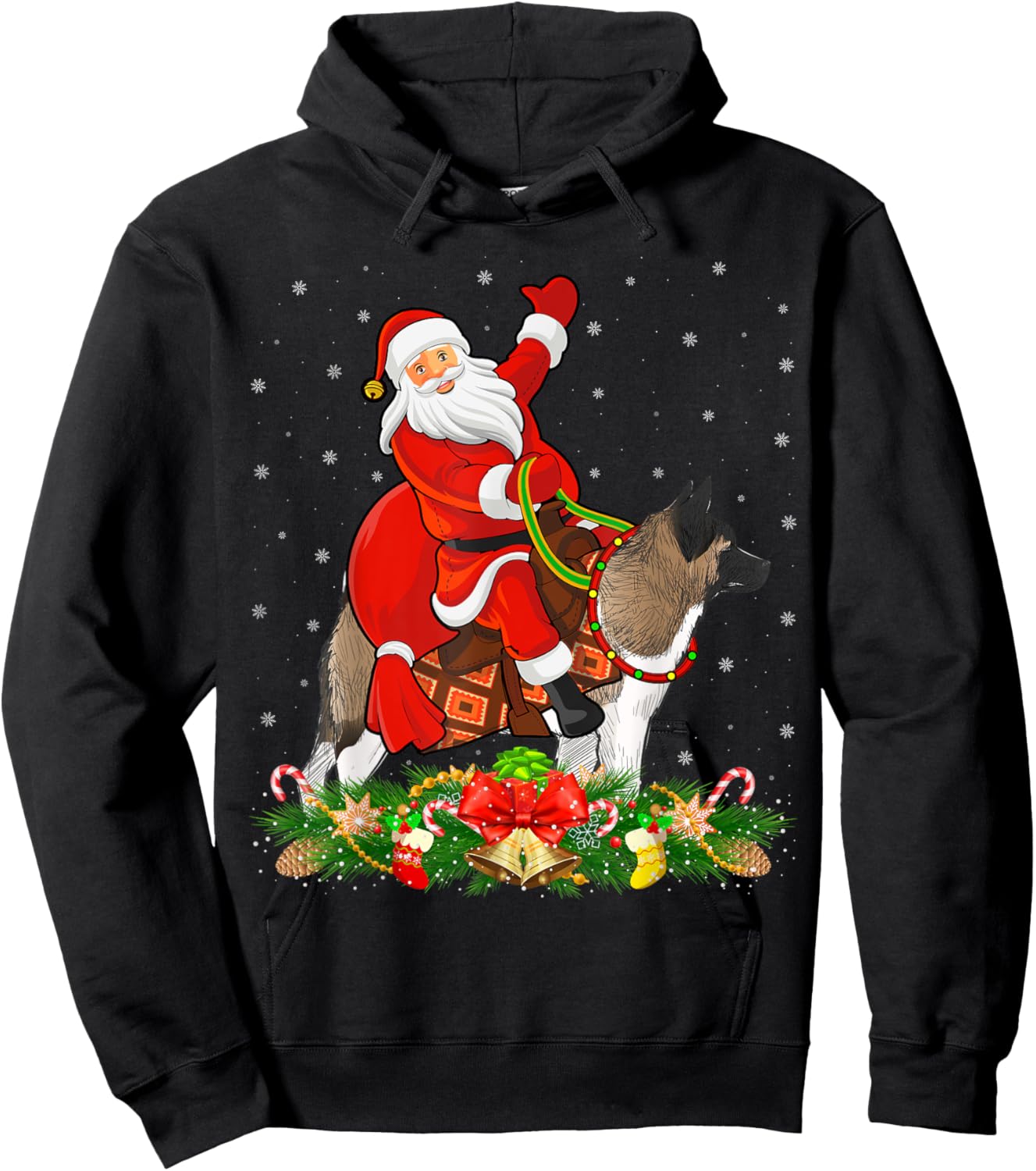 Xmas Decor Funny Santa Riding Akita Dog Christmas Hoodie - Hoodie | Black