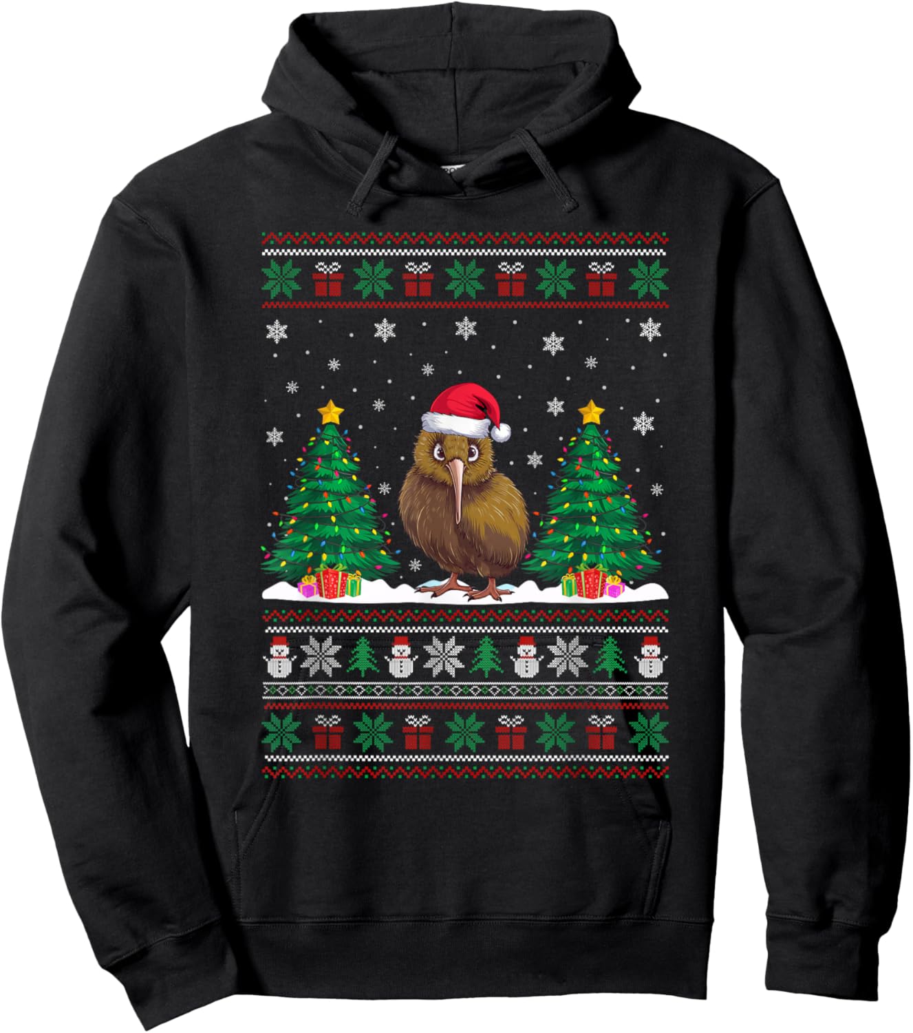 Santa Hat Kiwi Bird Christmas Tree Lights Ugly Sweater Hoodie - Hoodie | Black