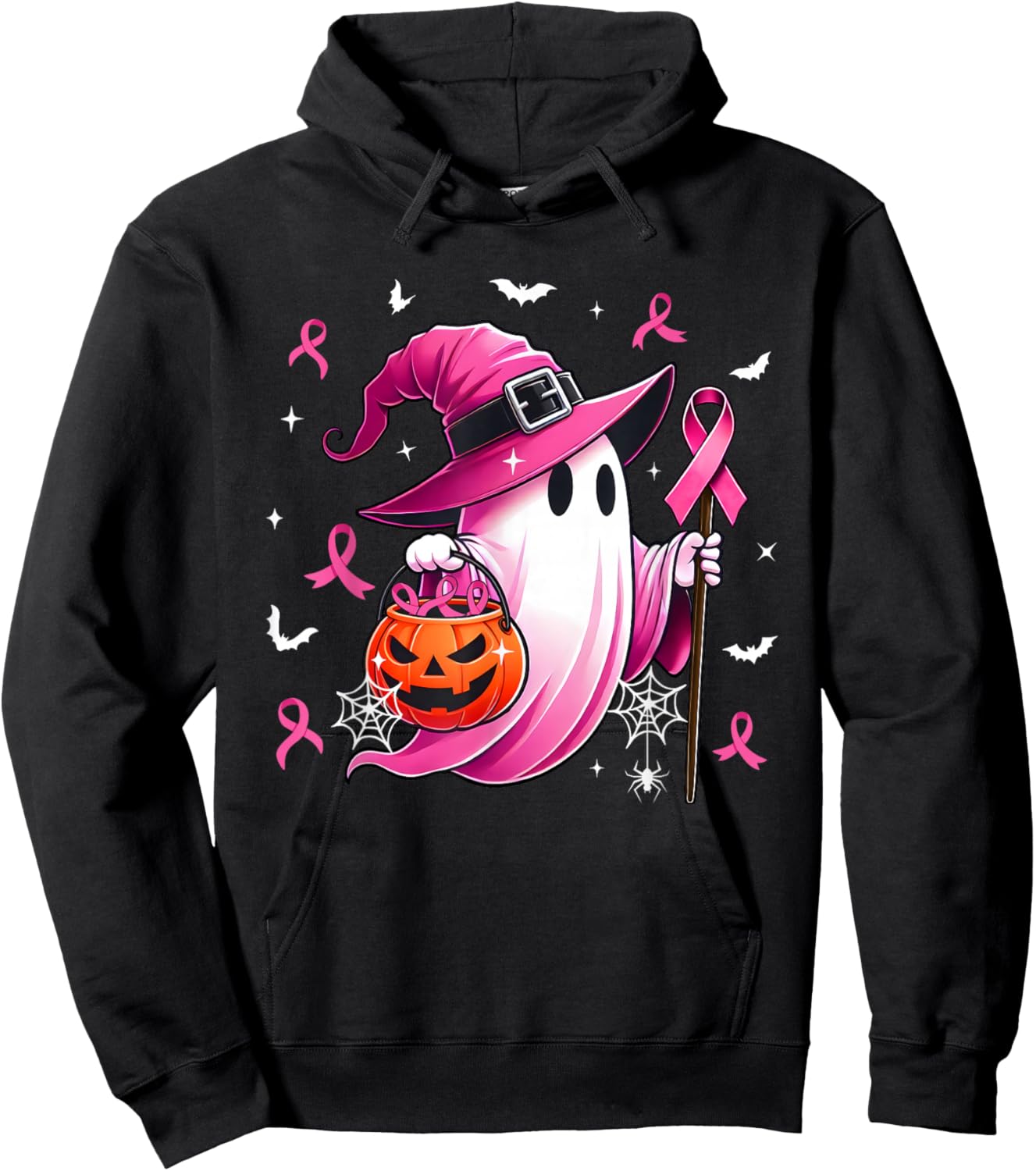 Halloween Pink Ghost Witch Breast Cancer Awareness Women Hoodie - Hoodie | Black