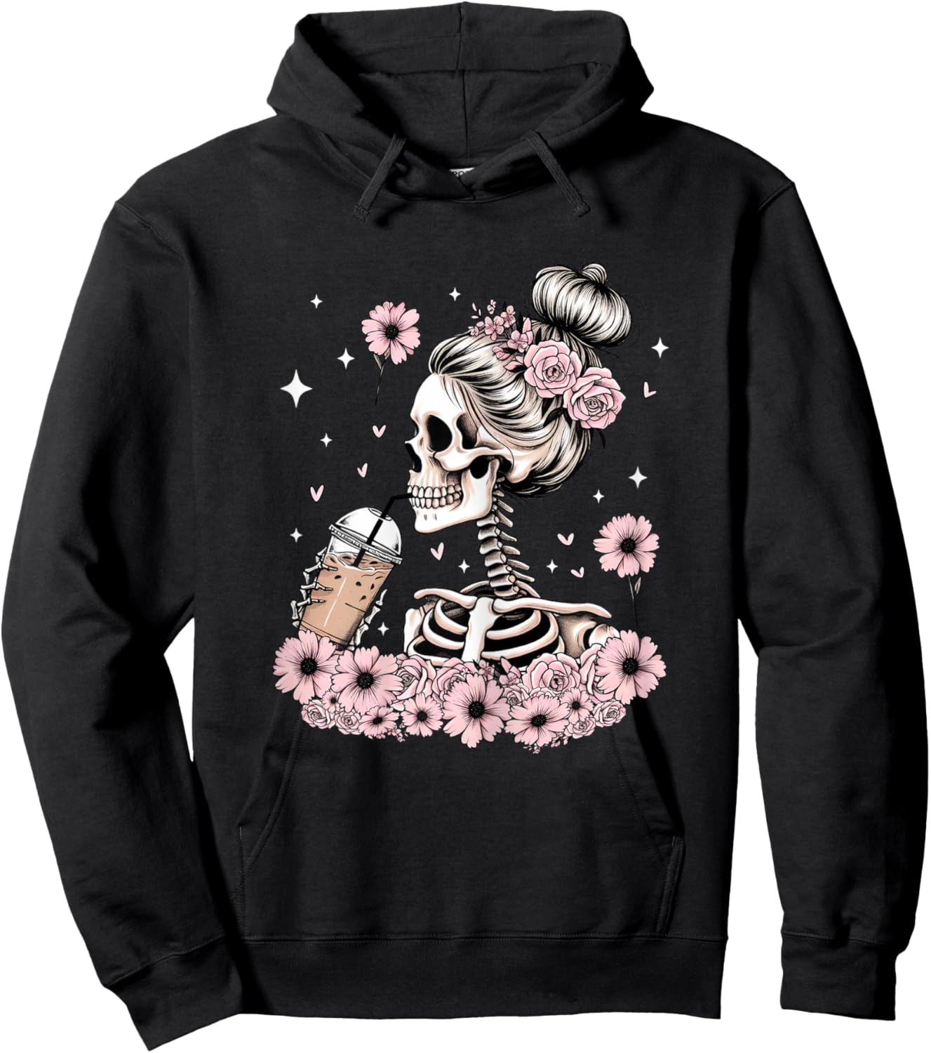 Halloween Skeleton Messy Bun Coffee Funny Costume Mom Women Hoodie - Hoodie | Black