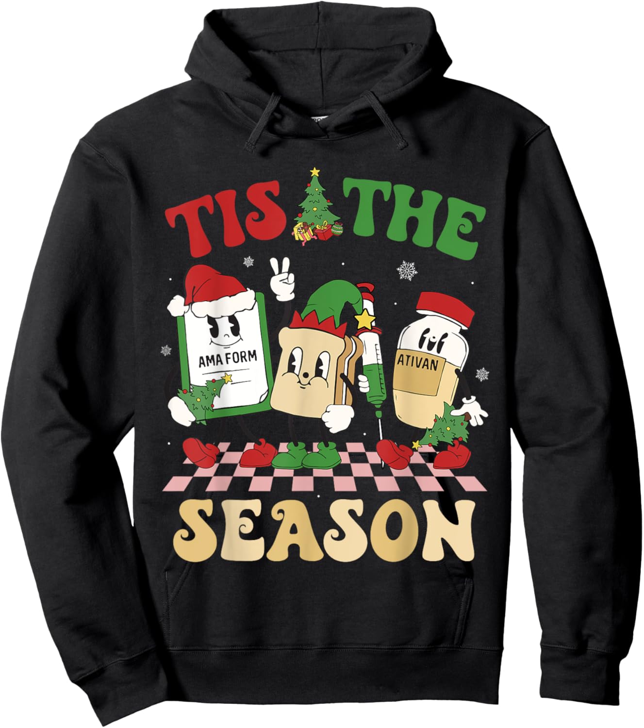 Tis The Season Groovy Christmas ER Nurse Emergency Room Hoodie - Hoodie | Black