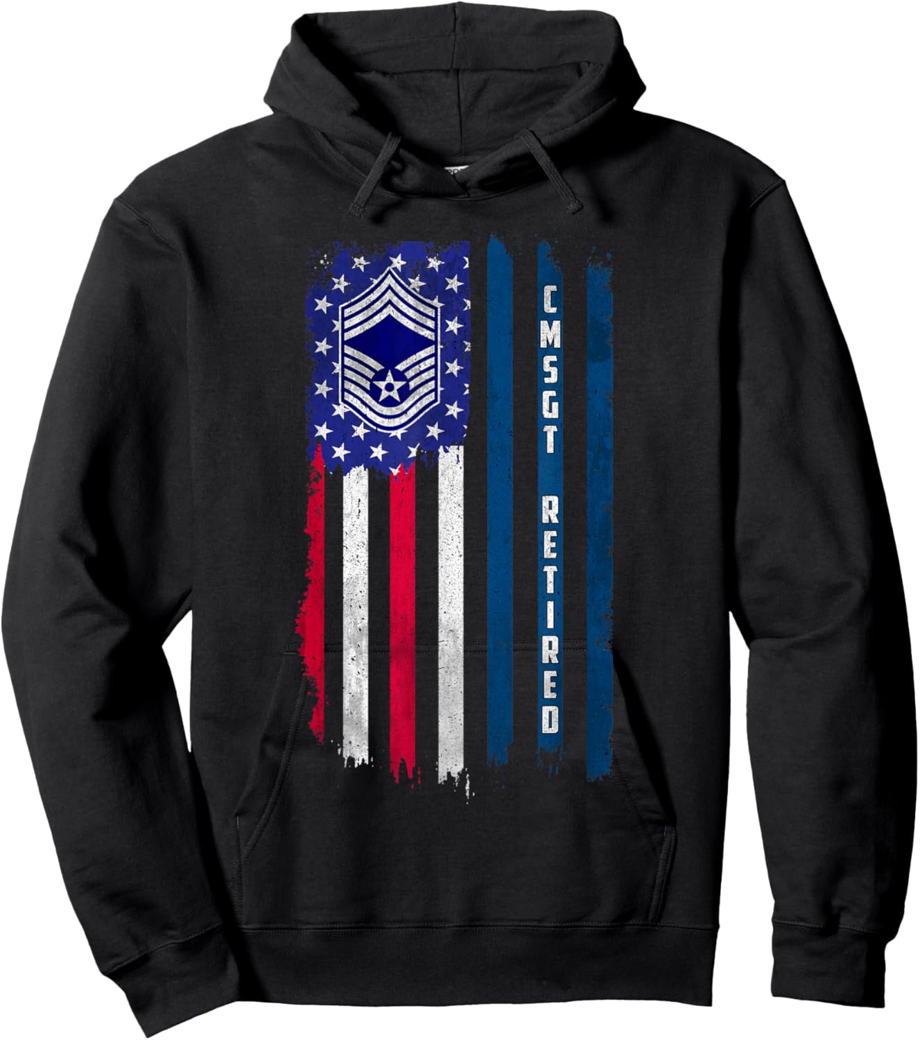 Retired E-9 Chief Master Sergeant CMSgt Rank American Flag Hoodie - Hoodie | Black