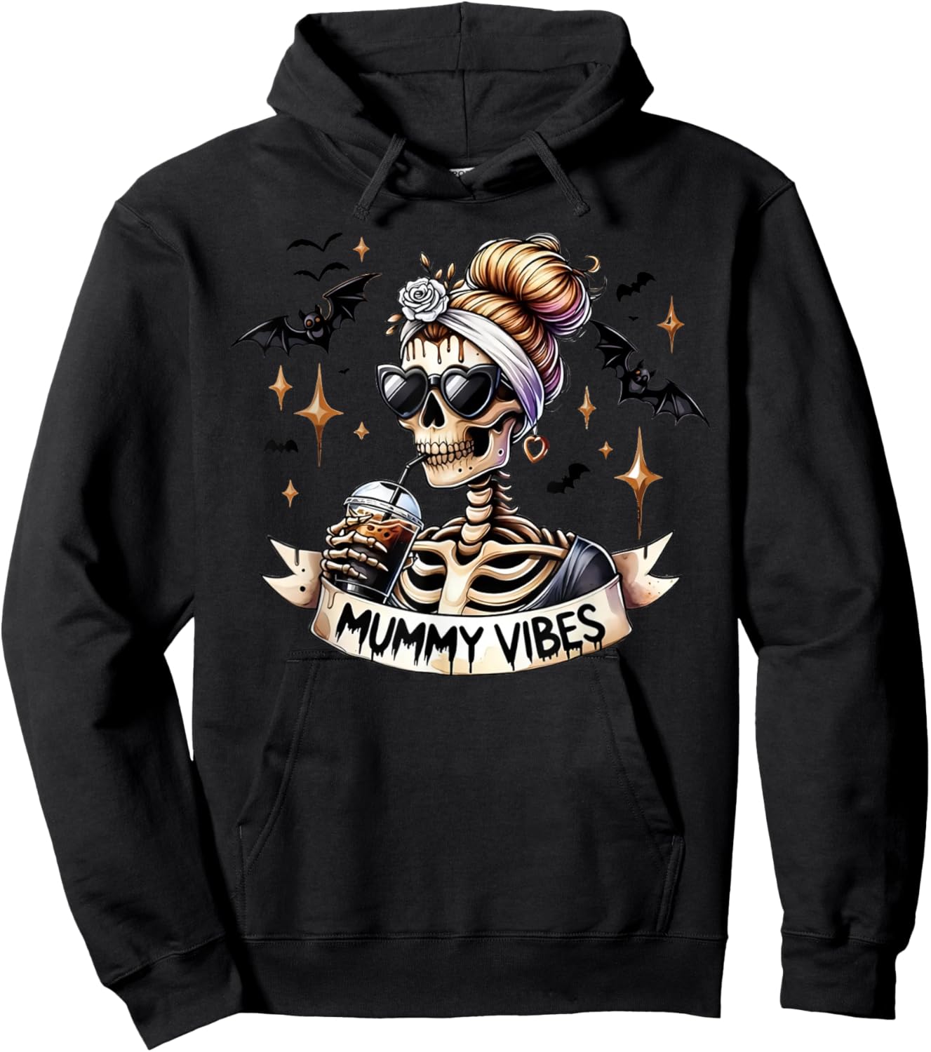Mummy Vibes Skeleton Coffee Mom Spooky Season Halloween Hoodie - Hoodie | Black