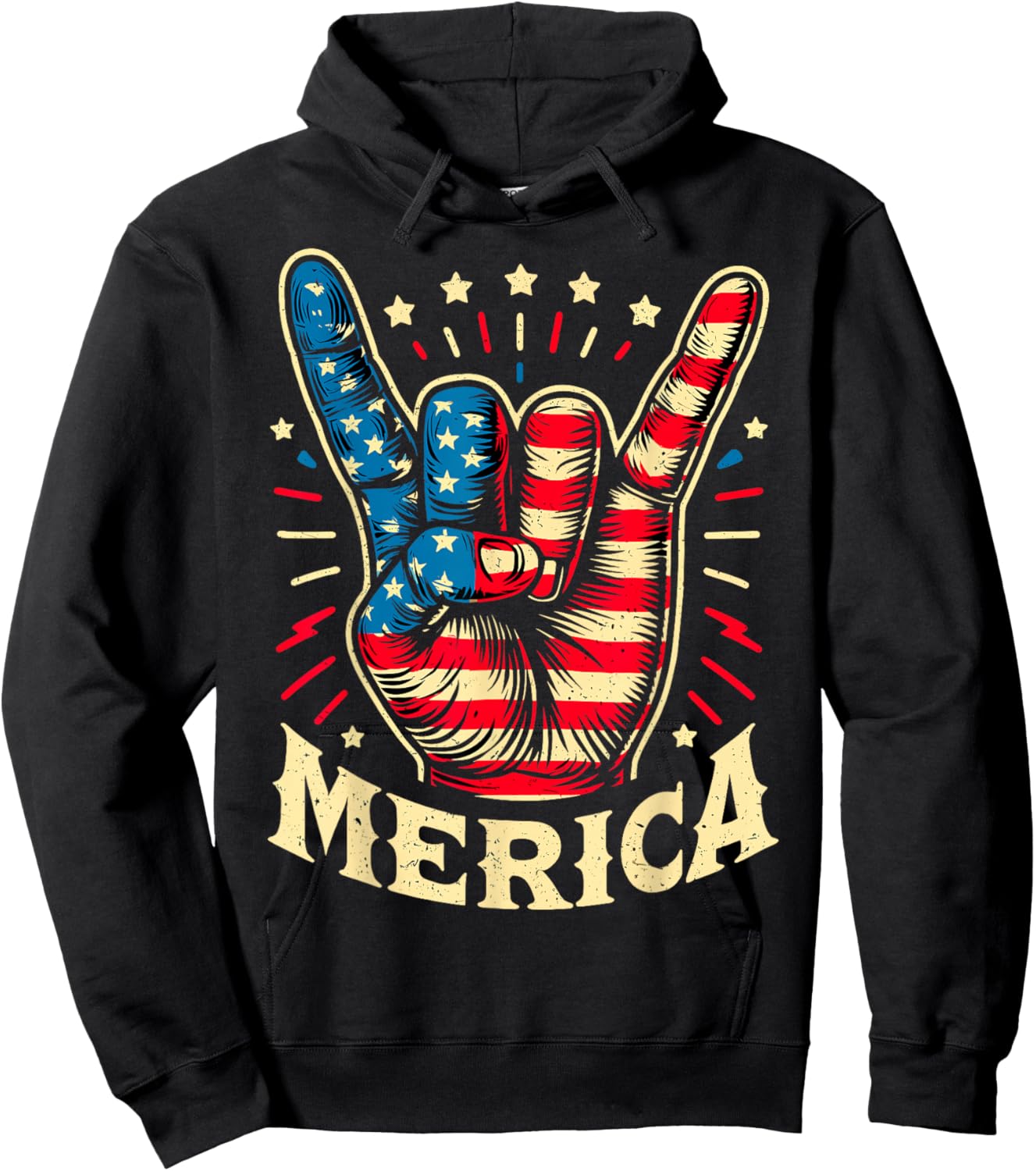 Merica 4th of July Rock and Roll USA Flag Hoodie - Hoodie | Black