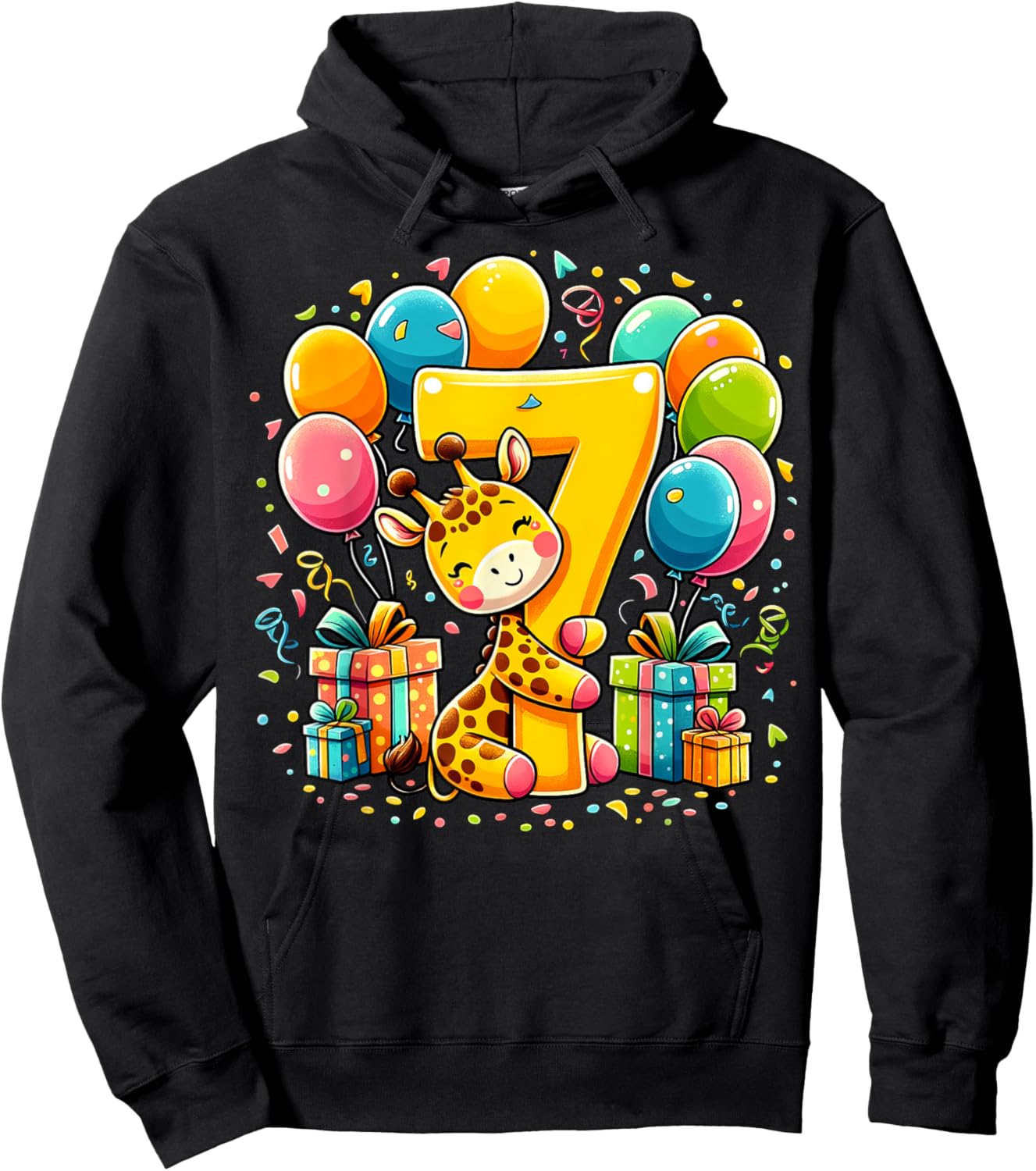 Giraffe 7th birthday boy girl 7 years seventh seven Giraffe Hoodie - Hoodie | Black